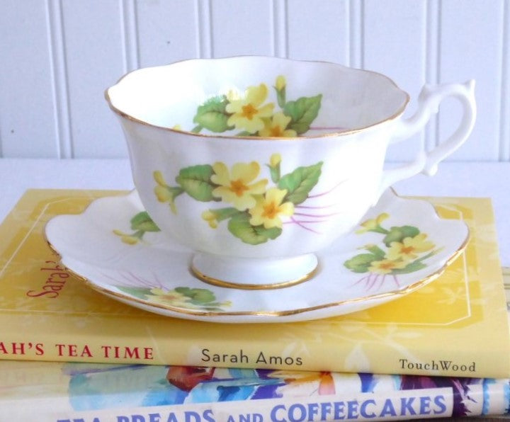 Vintage Shelley Primrose Atholl Thorn Shape Gold Trim Cup and Saucer Set - 1960s English Fine China for Afternoon Tea & Collectible Display