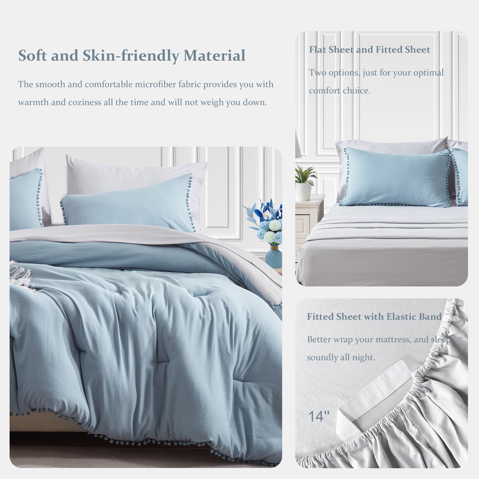 GRT 7-Piece Reversible Queen Size Comforter Set with Pom Pom Fringe - Blue Bedding Includes Comforter, Pillow Shams, Sheets & Pillowcases | Perfect for Master Bedroom, Guest Room & Cozy Home Decor