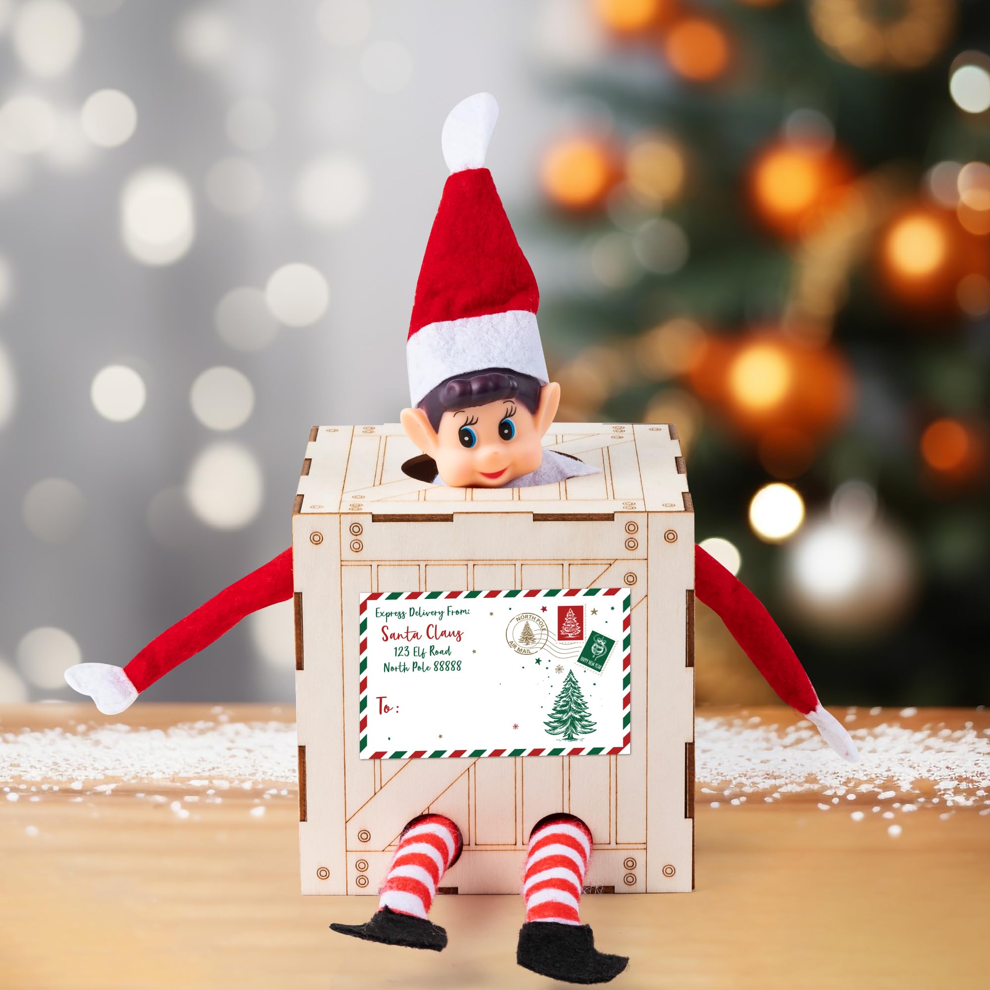 Christmas Elf Crate with Gift Card - Wooden Elf Holder for Kids - Perfect for Santa's Elf Delivery & Holiday Gifts
