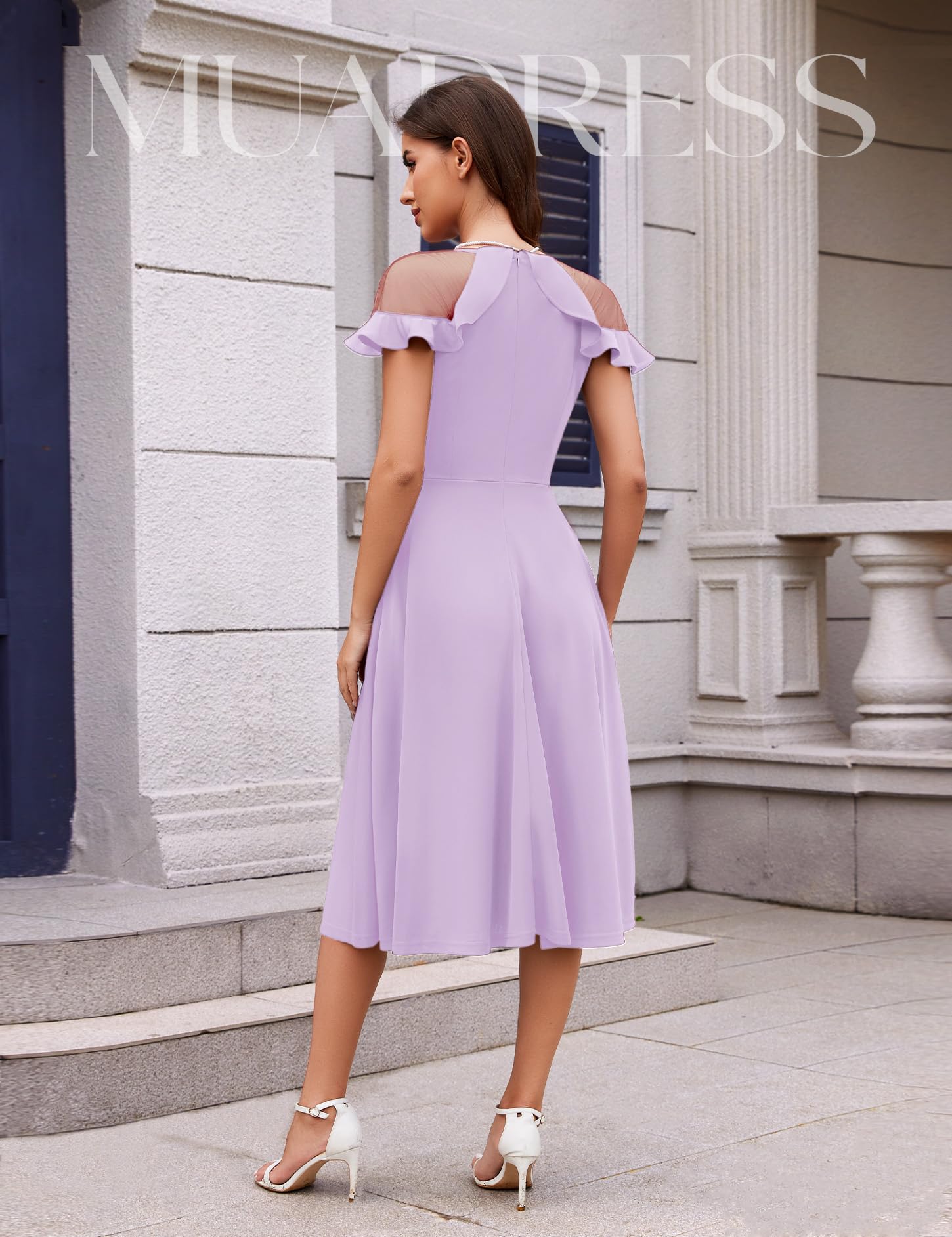 MUADRESS Women's Mesh Ruffle Short Sleeve Crewneck Formal Dress - Knee Length A-Line Party Midi Dress with Pockets for Wedding Guest, Cocktail Party, and Special Occasions