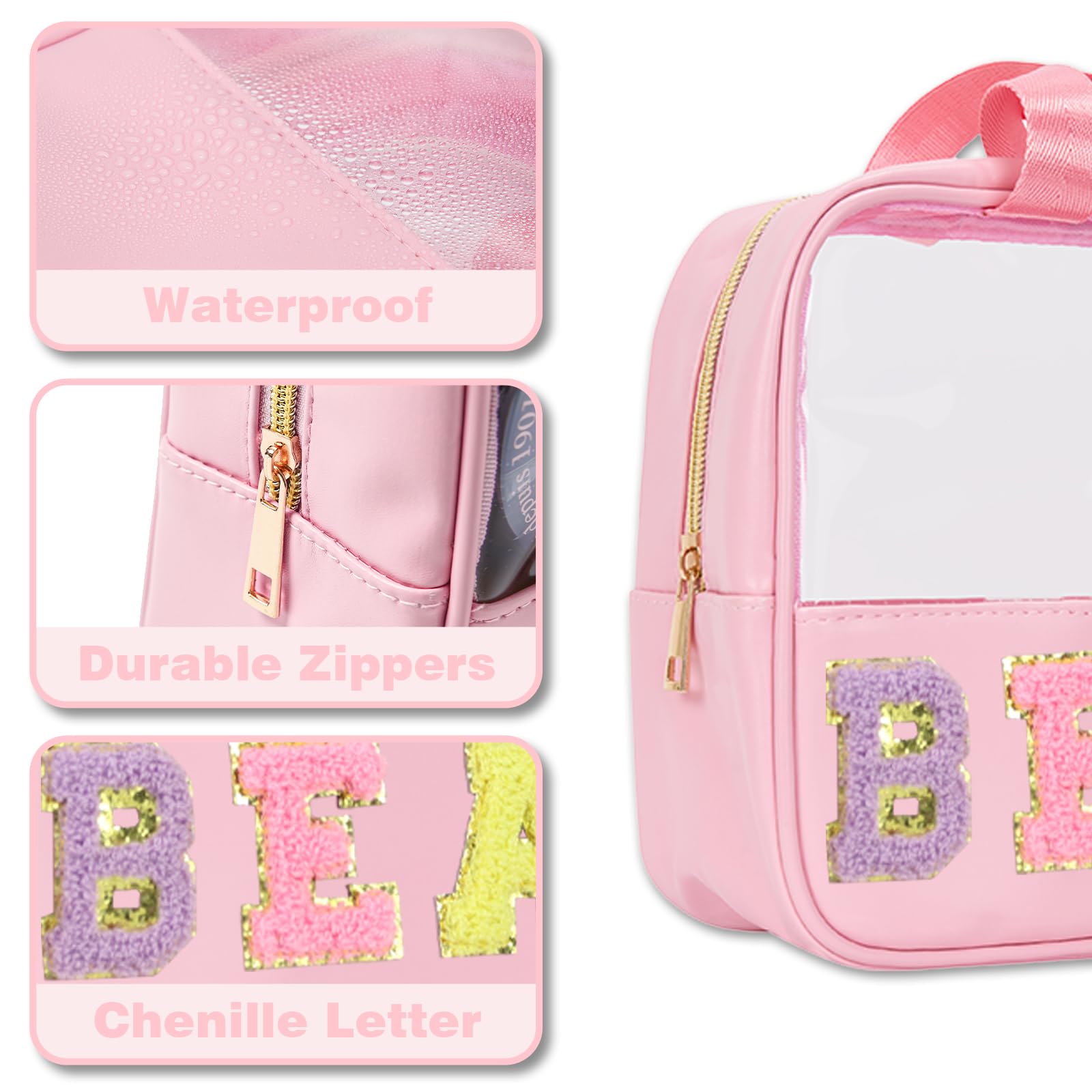 Chenille Letter Clear Beach Bag - Travel Toiletry Pouch for Sunscreen & Cosmetics (Rose) - Perfect for Vacation & Pool Days