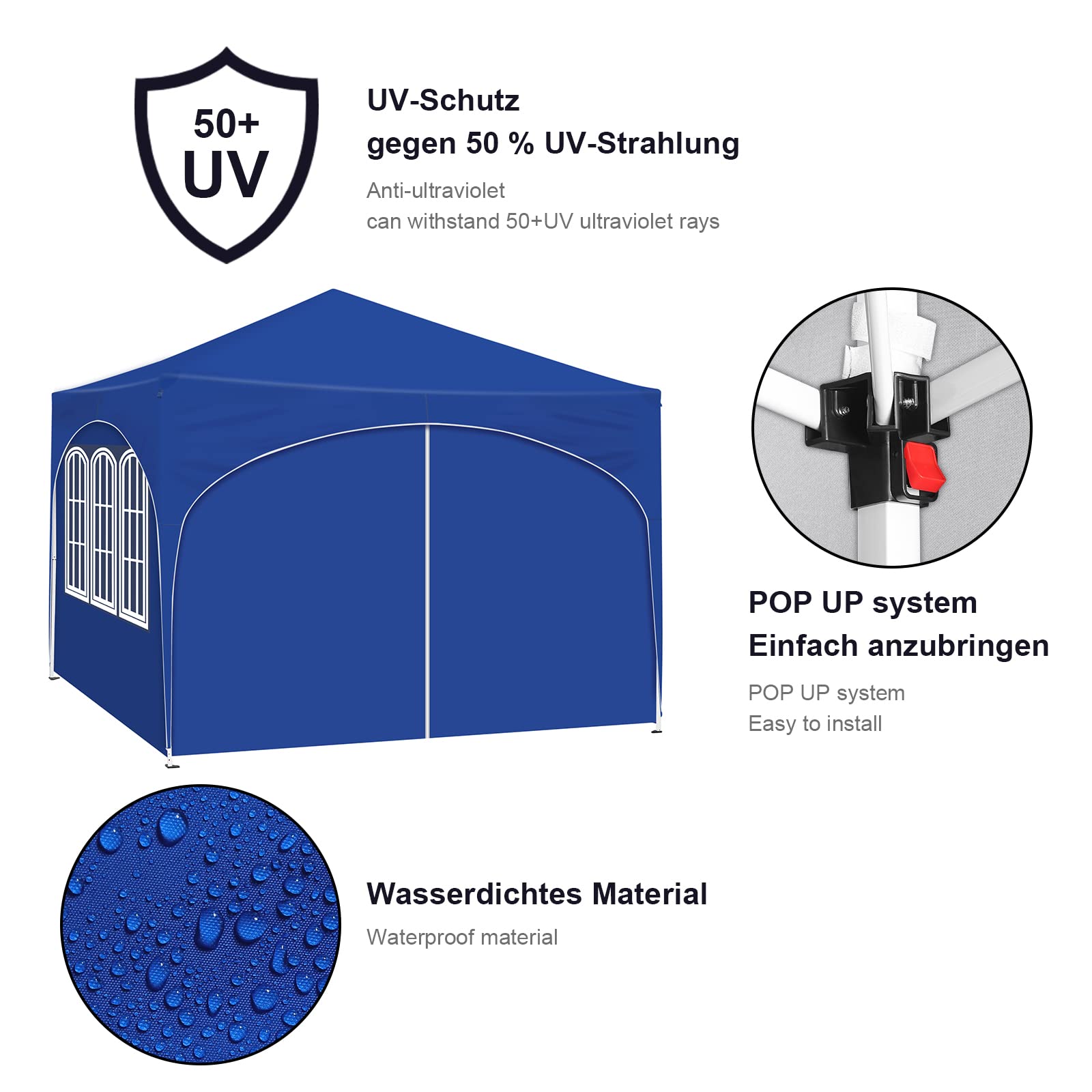 WOLTU 3x3m Pop Up Waterproof Gazebo for Garden, Adjustable Height with Side Panels, UV Protection & Carry Bag - Blue | Perfect for Outdoor Patio, Backyard, Picnic, and Camping Shelter