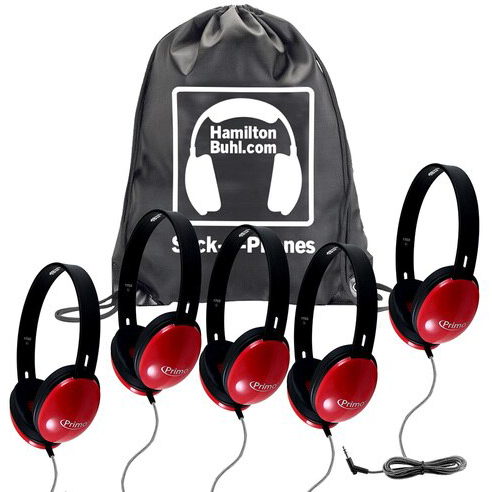 HamiltonBuhl Sack O Phones Primo Headphones 5 Pack - Durable Classroom Headphones for Kids (Red, Blue, Green) - Perfect for Schools, Libraries & Learning Centers
