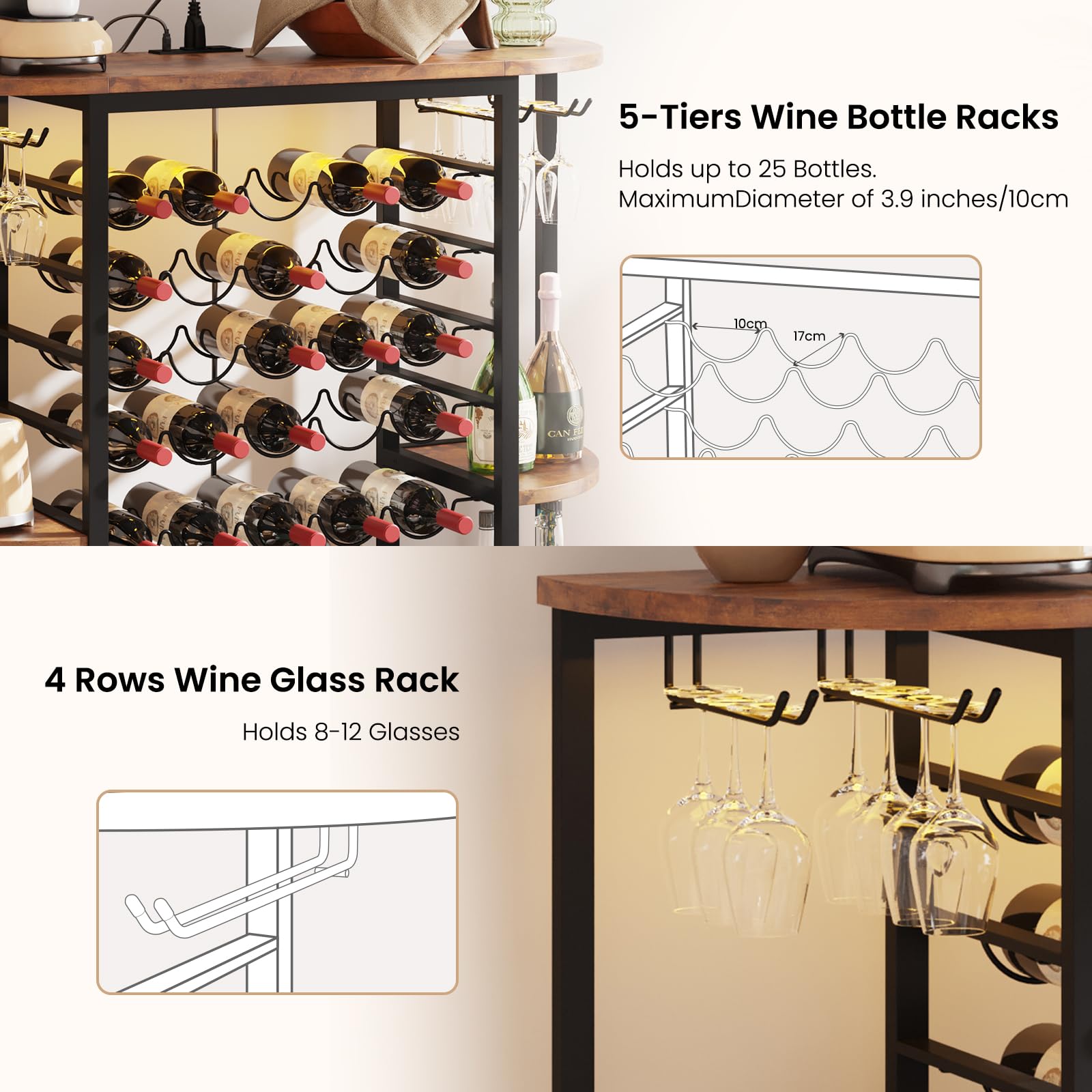 Dripex Wine Bar Table Cabinet with Power Outlet & LED Lights - 5-Tier Metal Wine Rack with Glass Holders & Bottle Storage - Home Mini Bar, Coffee Cabinet for Liquor - Perfect for Living Room, Dining Room, or Home Bar Setup