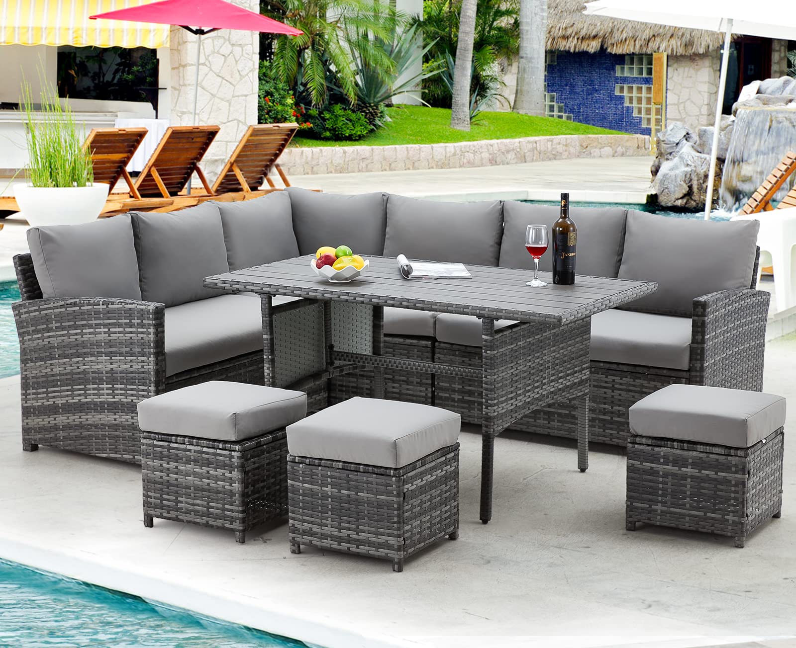 AECOJOY 7-Piece Outdoor Patio Furniture Set - All-Weather Wicker Dining Table & Chairs with Ottoman - Grey Rattan & Cushions for Backyard, Garden, Poolside or Deck Relaxation