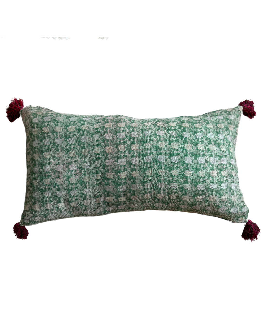 Handmade Pink & Green Kantha Cushion Cover with Decorative Tassels - Boho Chic Home Decor for Living Room, Bedroom, or Nursery