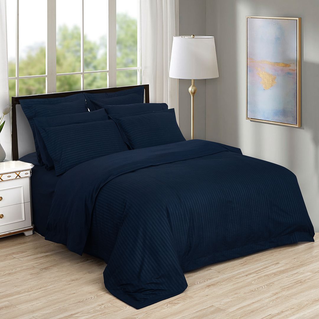 1000TC Ultra Soft Striped King Size Midnight Blue Duvet Cover Set - Luxury Bedding for Master Bedroom & Guest Room