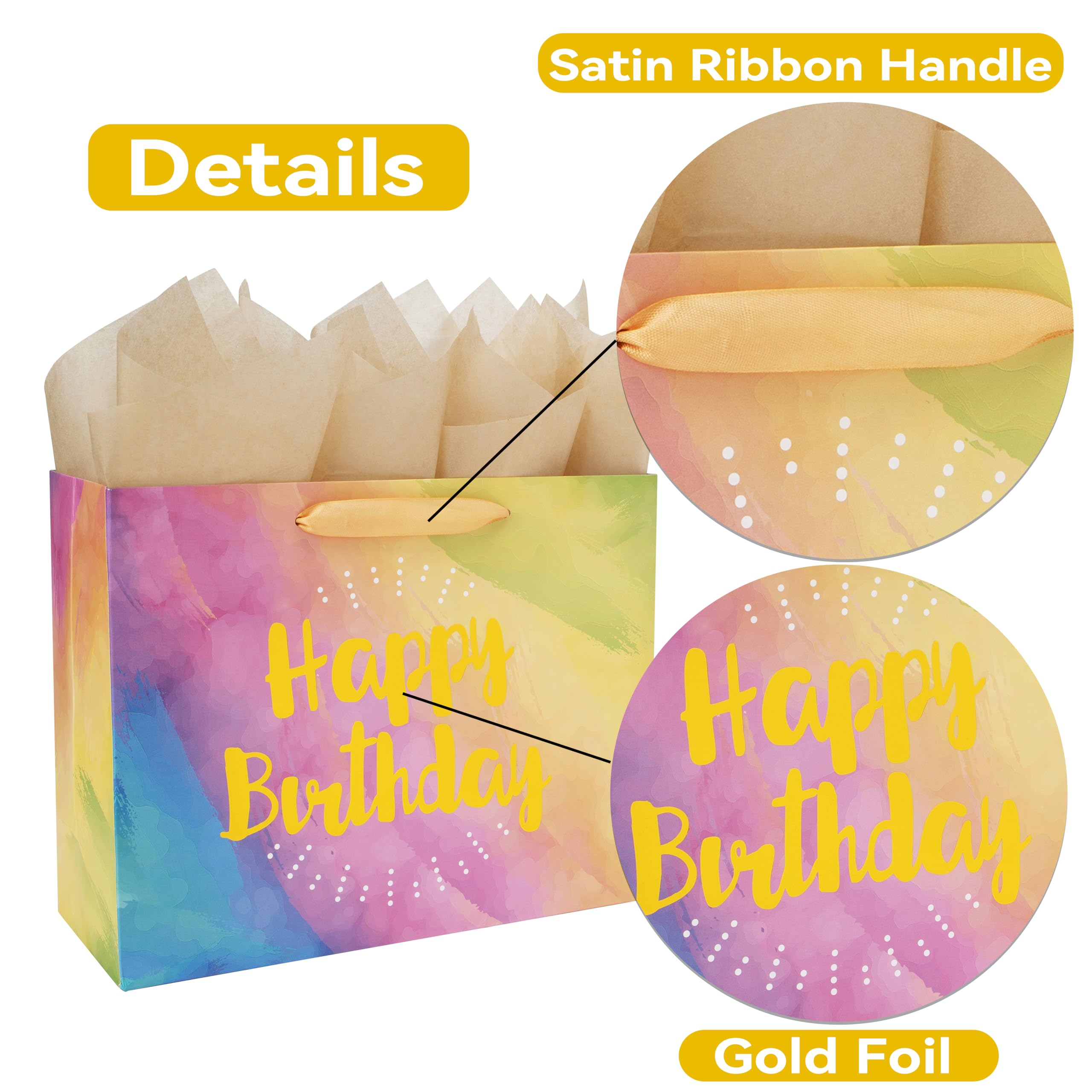 Wishinside 13-Inch Large Yellow Watercolor Gift Bag Set with Greeting Card & Tissue Paper (Gold Foil 'Happy Birthday') - Perfect for Birthdays, Baby Showers, Women, Men, Girls & Boys - Great for Party Favors, Gift Wrapping & Special Occasions