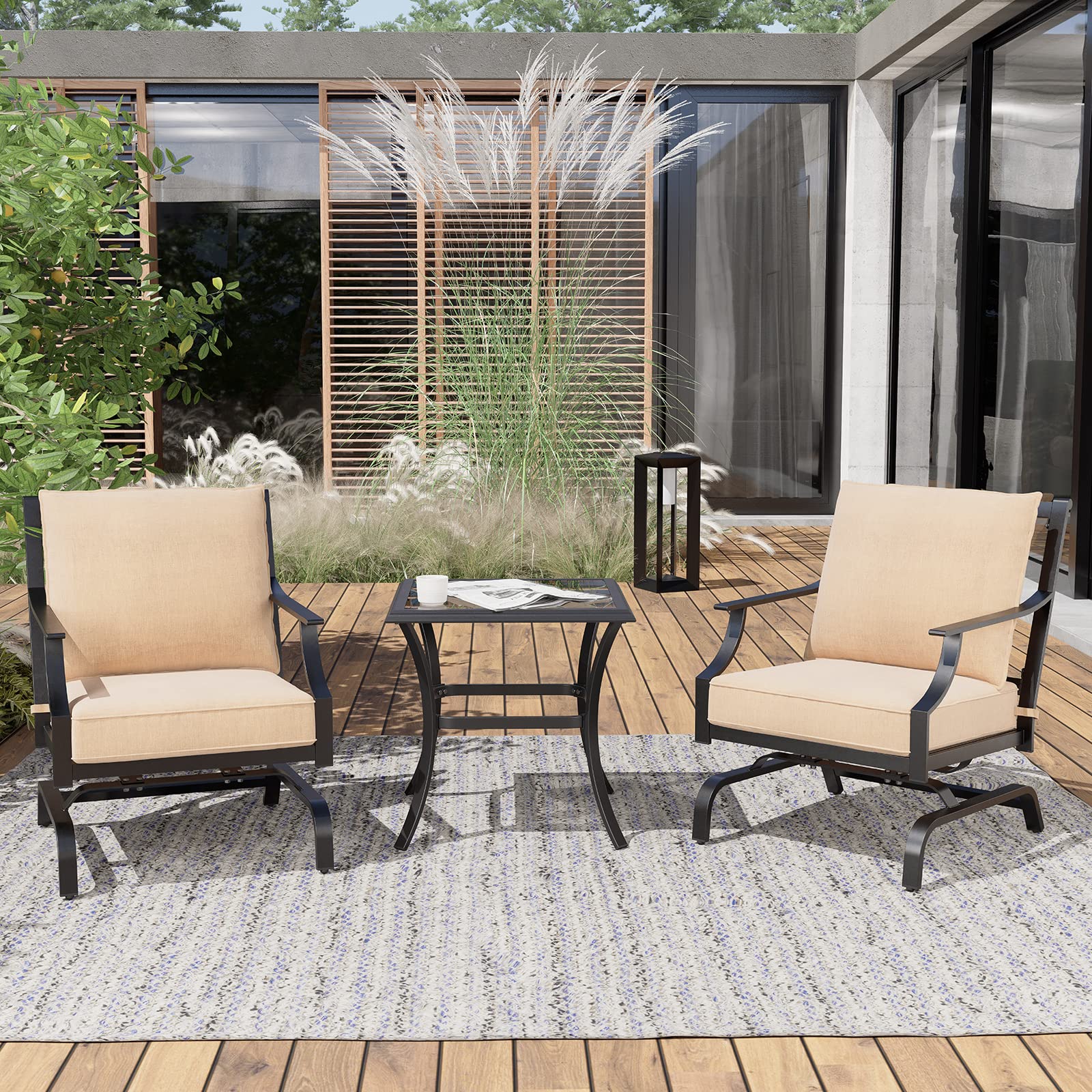 Grand Patio 3-Piece Outdoor Patio Set with 2 Motion Chairs & Side Table - Beige Wicker Furniture for Backyard, Garden, Poolside Relaxation