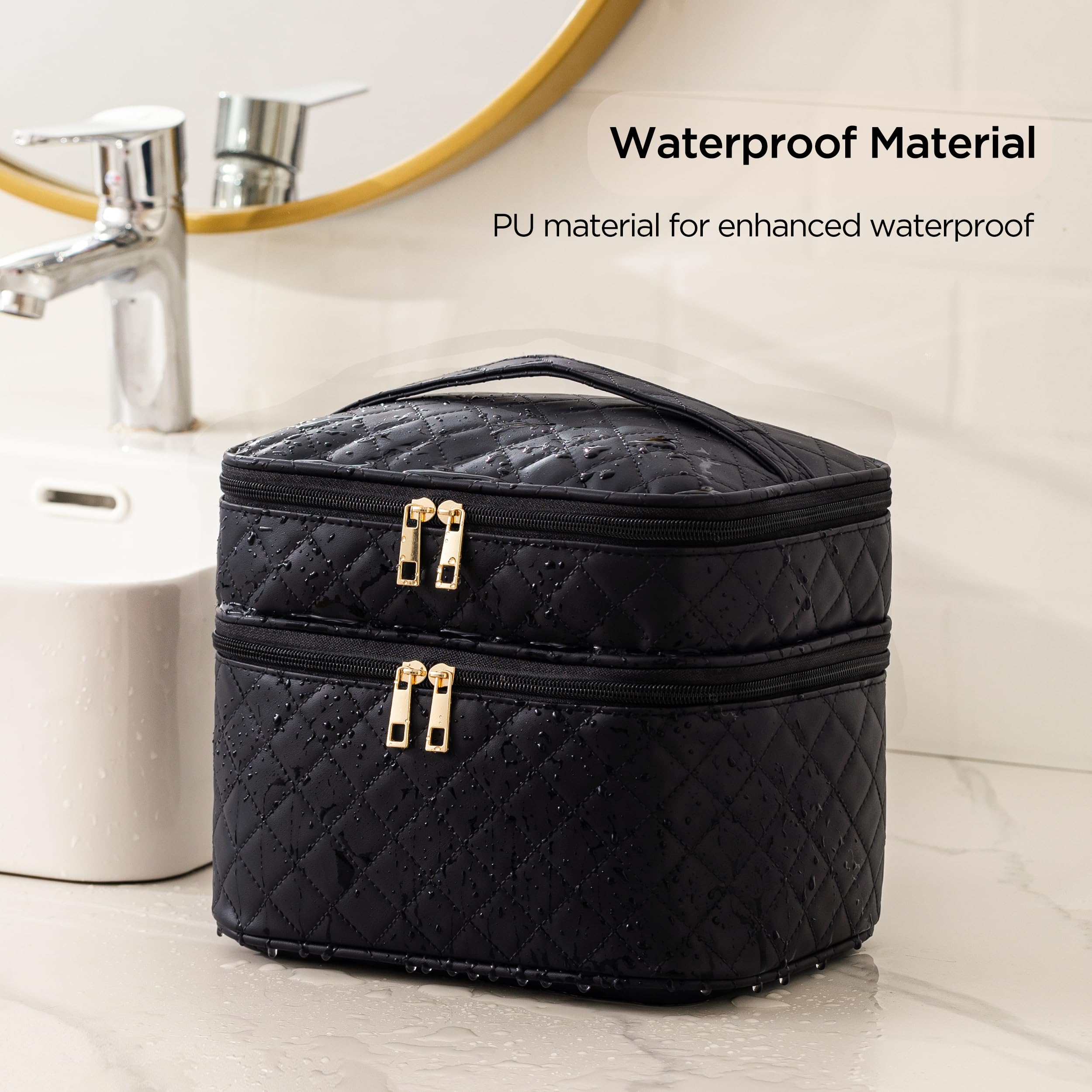 Large Waterproof Leather Makeup Bag for Women - Travel Cosmetic Organizer with Removable Dividers, Portable Toiletry Case (Lattice Black) | Perfect for Travel, Gym, and Daily Makeup Storage