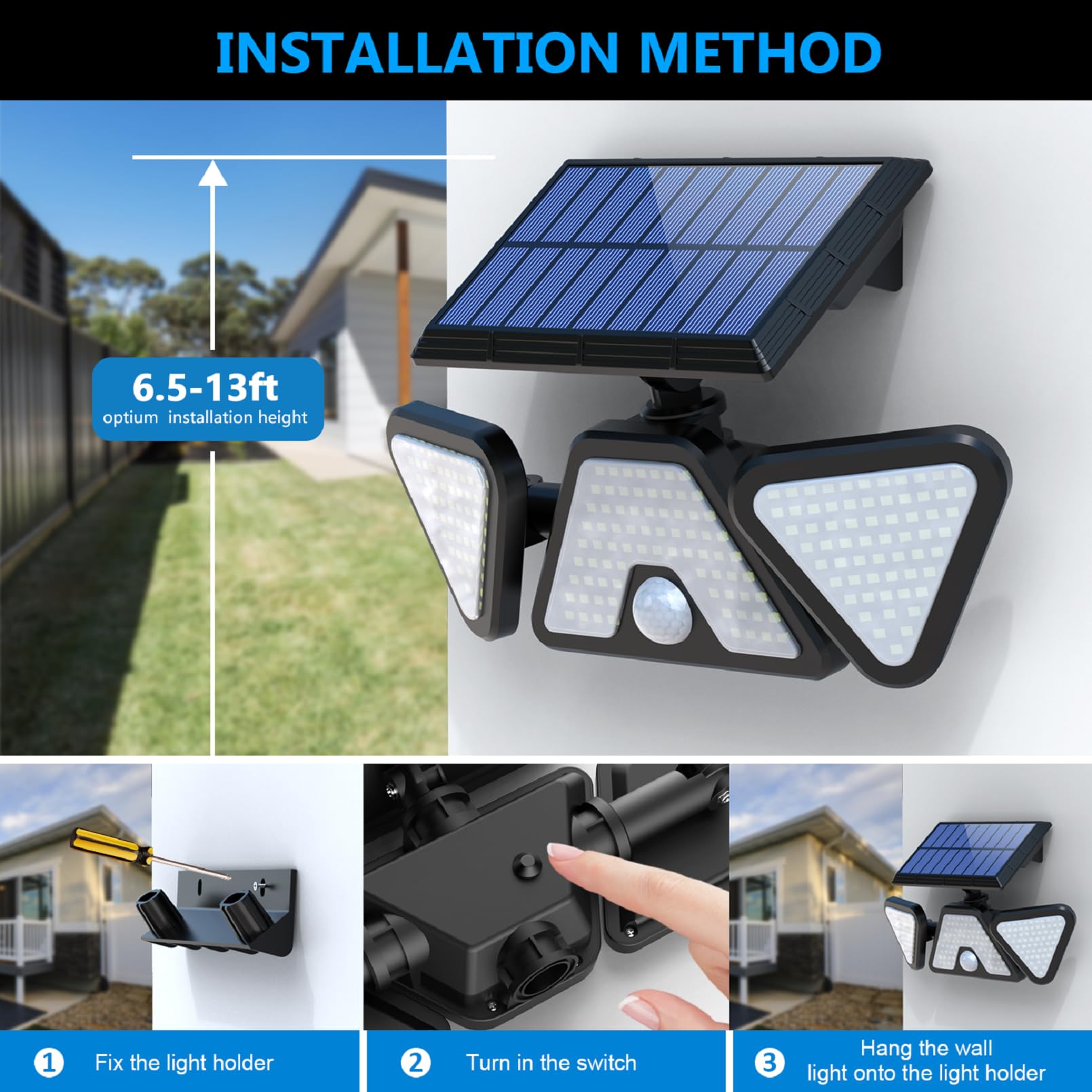 203 LED Solar Outdoor Lights with Motion Sensor - 3 Heads IP65 Waterproof Solar Flood Security Lights for Front Door, Yard, Garage (2 Pack) - Perfect for Nighttime Safety & Energy-Efficient Outdoor Lighting