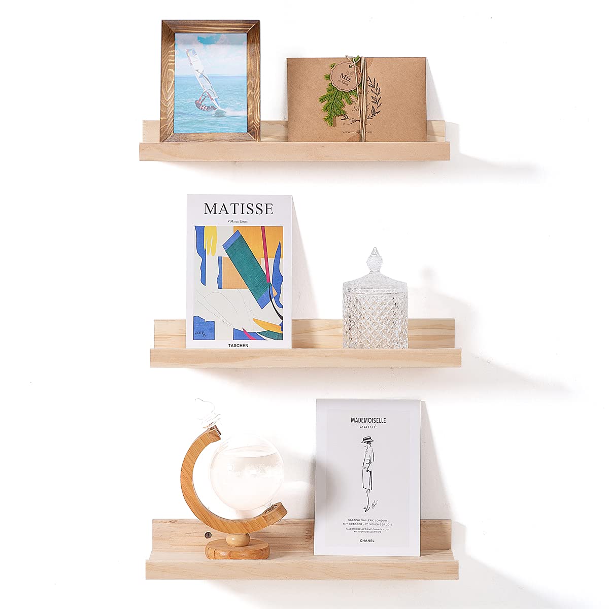 16 Inch Floating Shelves Set of 3 - Wood Wall Mounted Bookshelves for Home Decor - Large Picture Ledge Shelf for Bedroom, Office, Living Room & Kitchen - 3 Different Sizes - Perfect for Displaying Books, Photos, Plants and Decorative Items