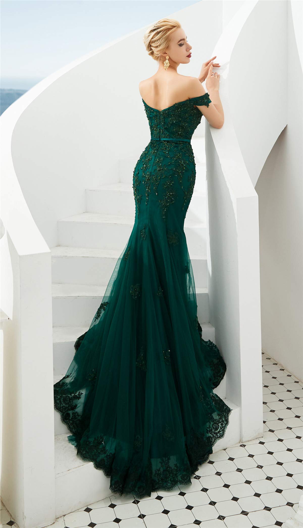 Elinadress Women's Off Shoulder Long Lace Prom Dress Mermaid Beaded Evening Gown - Elegant Formal Gown for Prom, Wedding, Party & Special Occasions