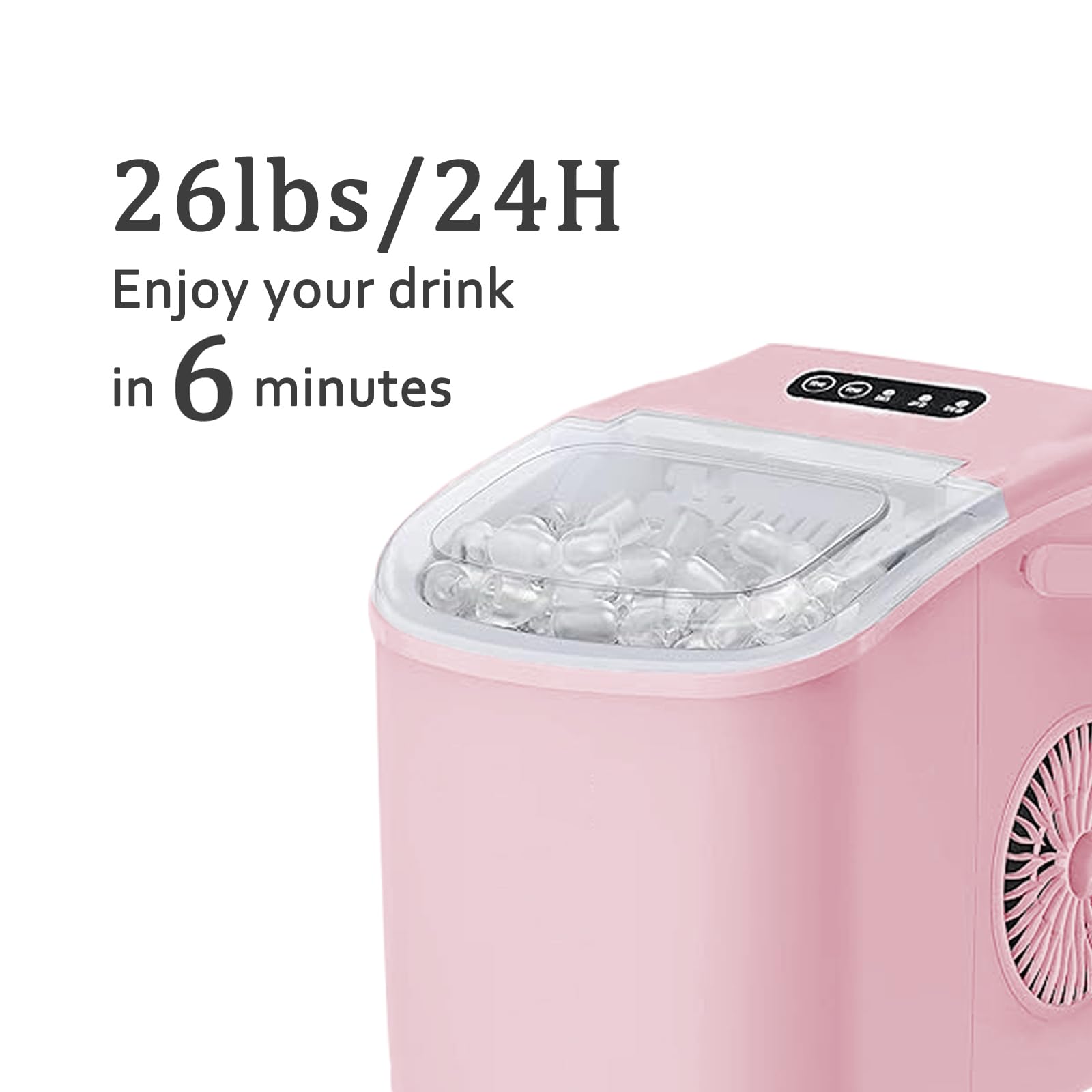 Portable Countertop Ice Maker Machine - Self-Cleaning, 26lbs/24Hrs, 2 Ice Sizes, Makes 9 Cubes in 6 Mins - Includes Scoop & Basket - Perfect for Home, Kitchen, Office, Bar, RV, Parties (Pink)