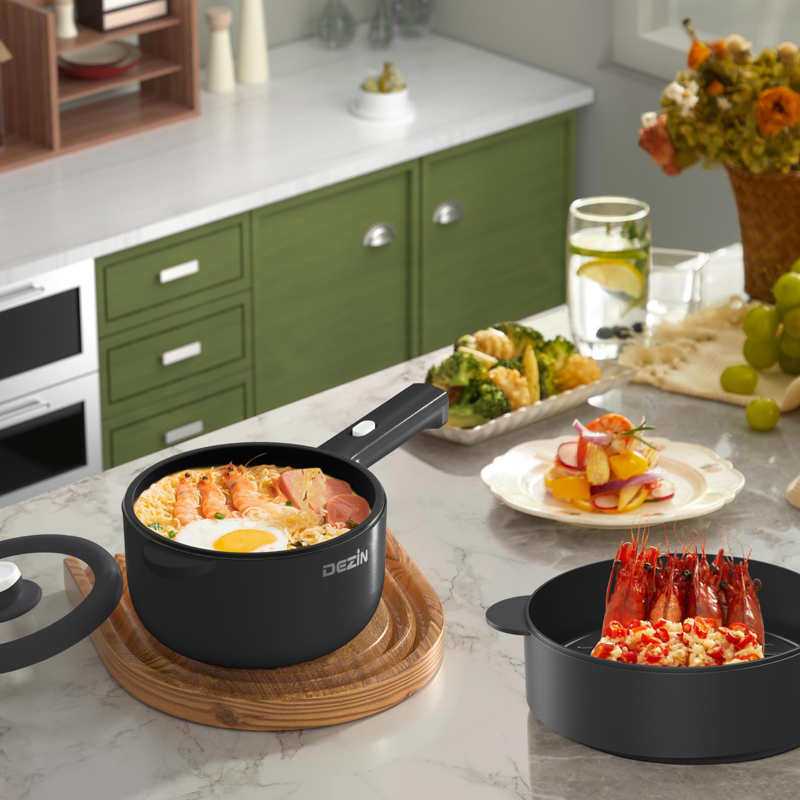 Dezin 2L Electric Cooker with Non-Stick Sauté Pan - Adjustable Temperature Mini Pot for Cooking Steak, Eggs, Fried Rice, Ramen, Oatmeal & Soup | Perfect for College Dorms, Small Kitchens & Quick Meals (Includes Egg Rack)