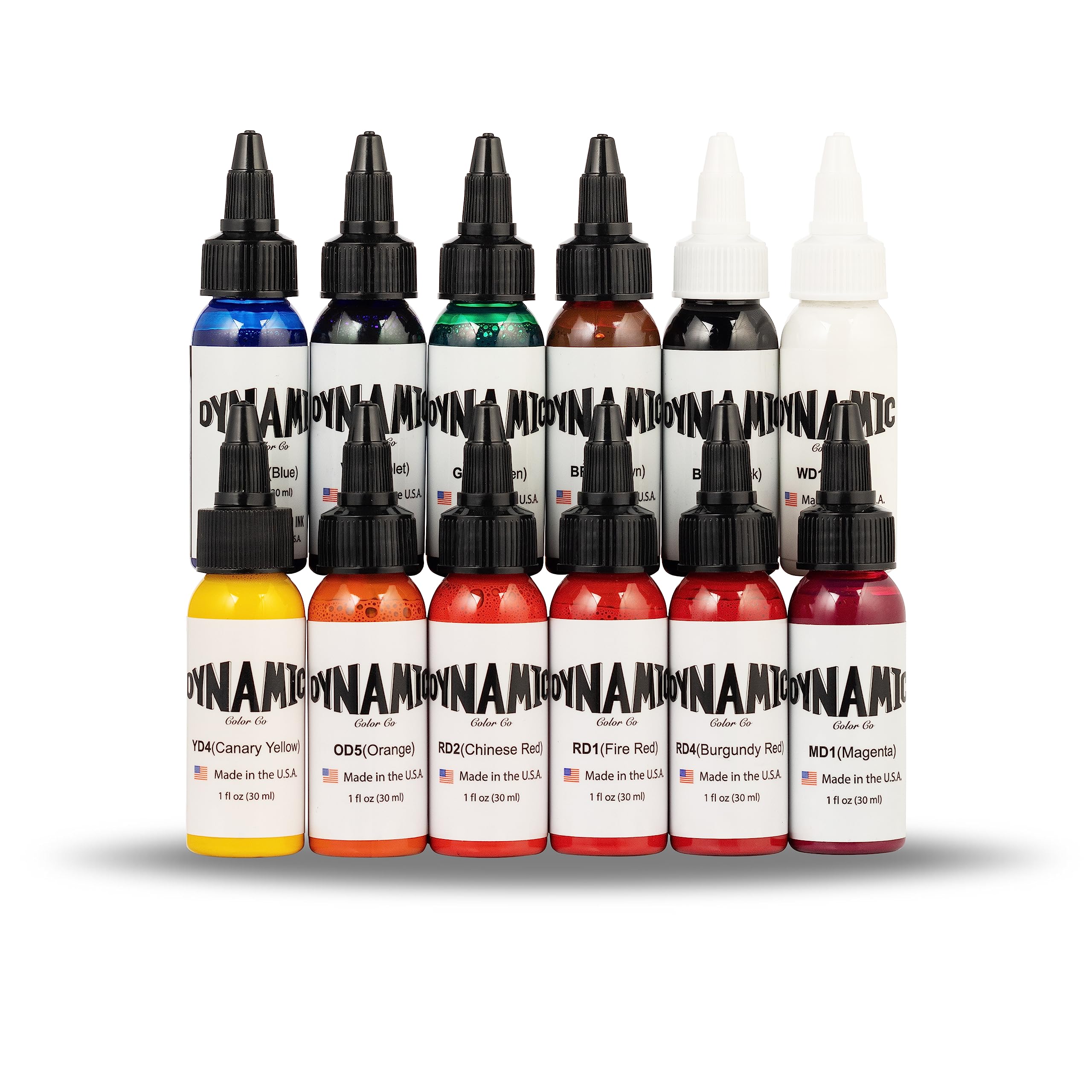 Dynamic Color Co - OG Color Ink Set, 12 Bottles (1 oz Each) - Burgundy Red, Chinese Red, Fire Red, Green, Blue, Orange, White, Canary Yellow, Brown, Magenta, Violet, Black - Perfect for Calligraphy, Art Projects, Screen Printing & DIY Crafts