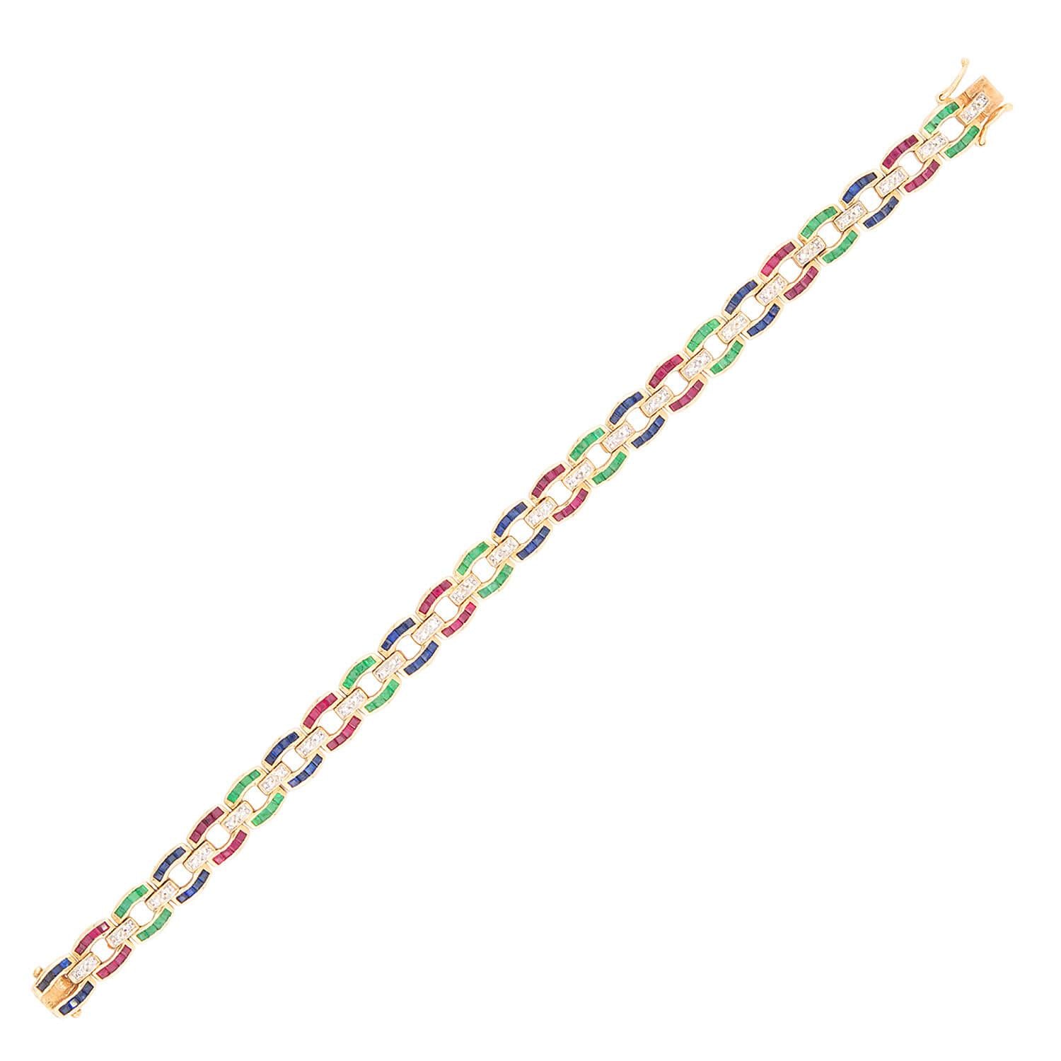 18k Gold Emerald Ruby Sapphire Diamond Line Bracelet for Women - Elegant Jewelry Gift for Wedding, Anniversary & Special Occasions