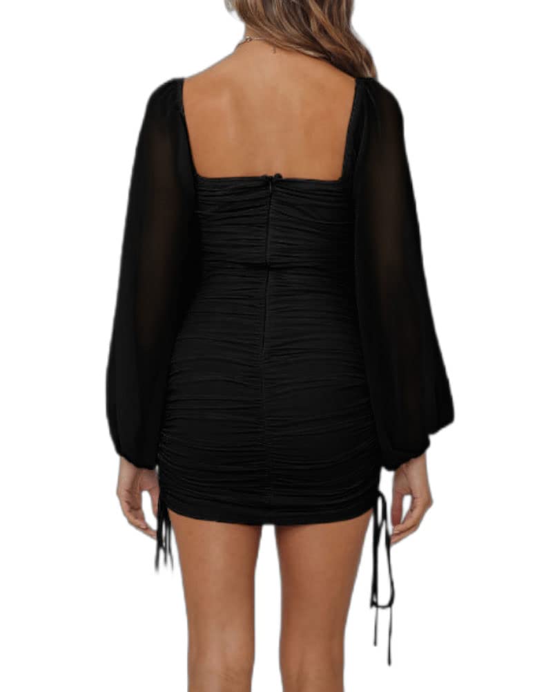 Women's Mesh Bodycon Mini Dress - Square Neck Long Sleeve Ruched Party Dress for Homecoming, HOCO, Club, Wedding Guest | Perfect for Night Out, Date Night & Special Occasions