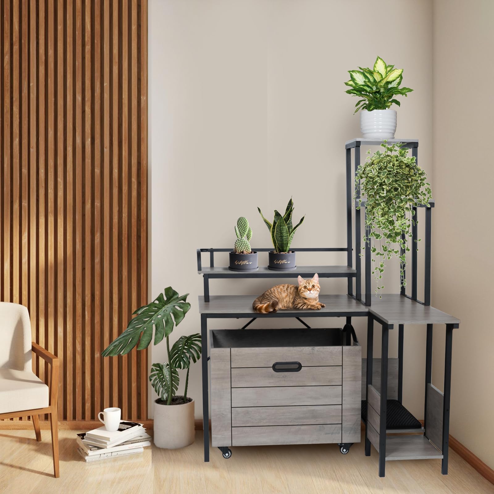 IDEALHOUSE 2024 Hidden Cat Litter Box Furniture - Wooden Enclosure with Pull-Out Tray, Flower Stand & Corner Plant Shelf | Discreet Pet Washroom for Home Decor | Perfect for Small Spaces & Modern Living Rooms