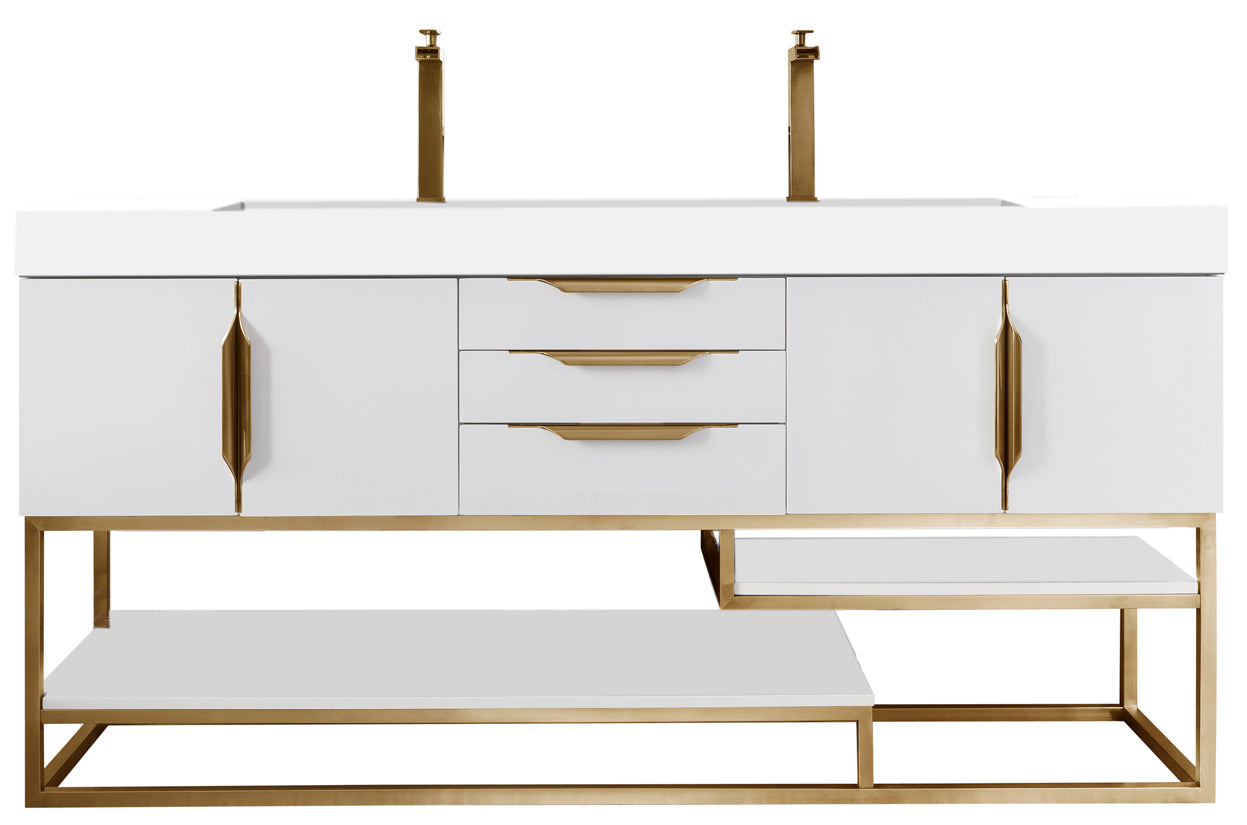 Columbia 72 Inch Double Vanity with Glossy White Finish & Radiant Gold Accents - Glossy White Composite Top for Modern Bathroom Renovation | Perfect for Master Bath, Guest Bath & Luxury Home Upgrades