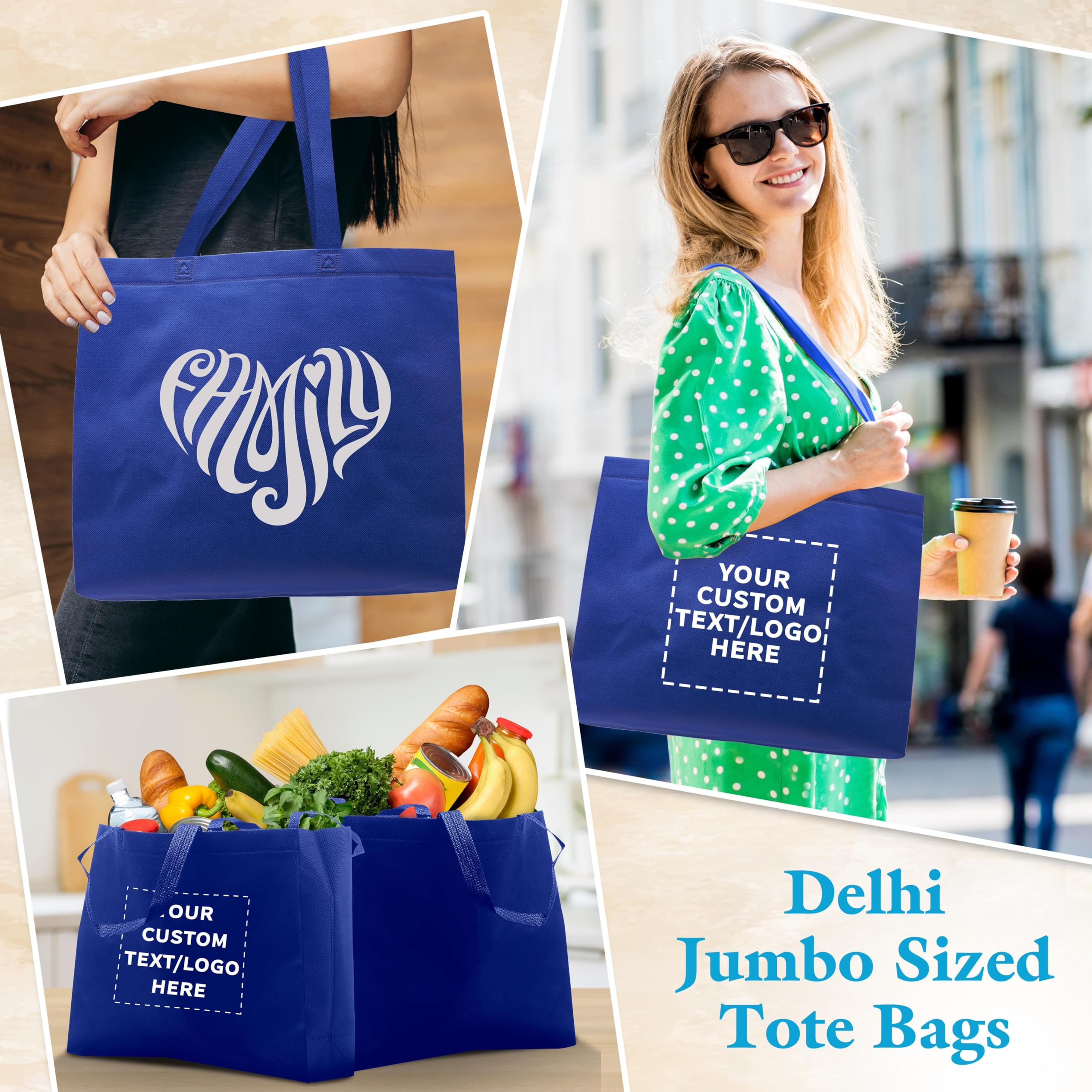 Custom Jumbo Reusable Tote Bags Bulk Pack - 100 Personalized Grocery & Shopping Bags for Women - Promotional Items & Giveaways - Eco-Friendly Blue Totes for Shopping, Events & Branding