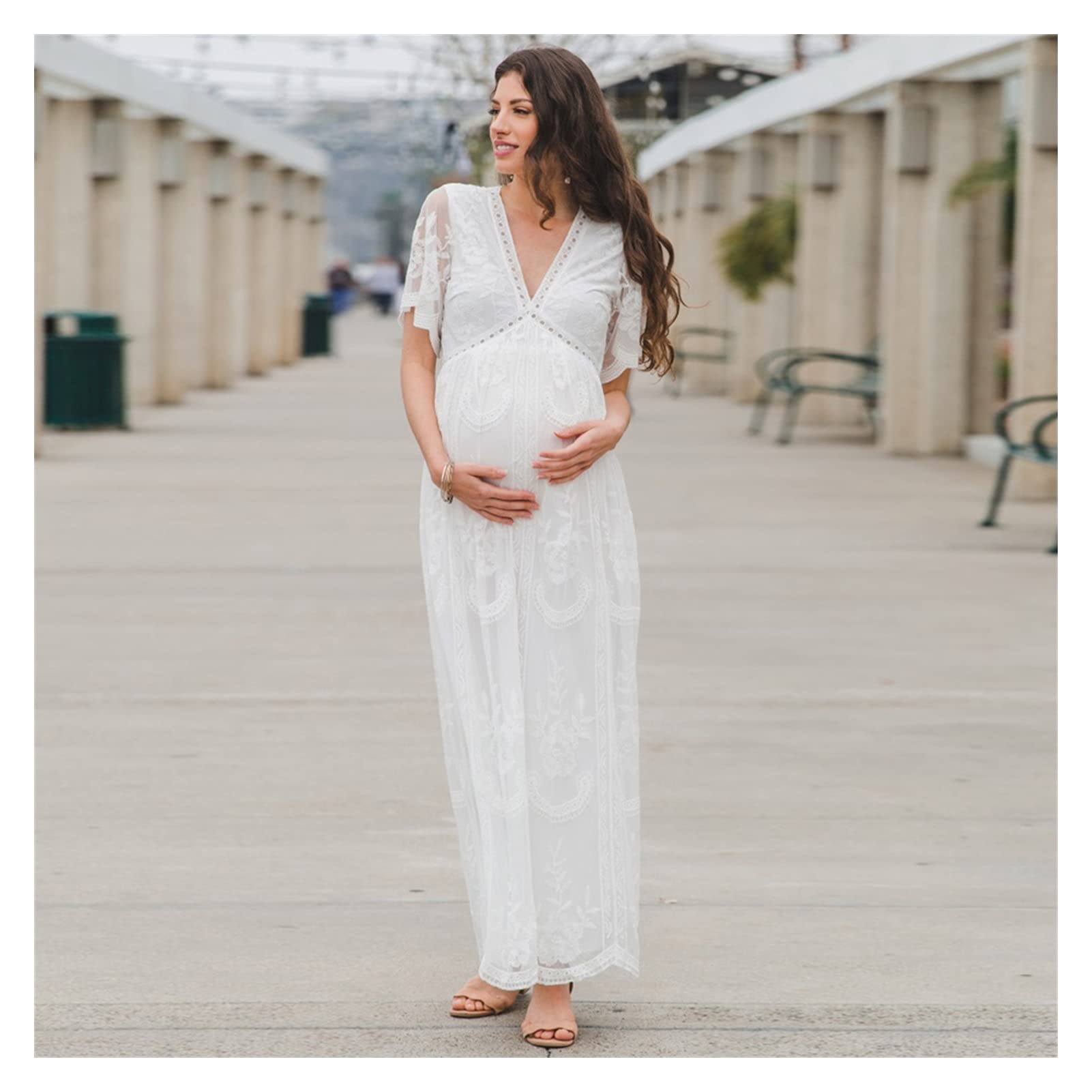 NWFR Women's Bohemian V-Neck Maxi Dress with Embroidery Lace - Summer Beach Tunic Dress Short Sleeve Holiday Outfit (Color C, Size M) | Perfect for Beach Vacations, Music Festivals & Summer Parties