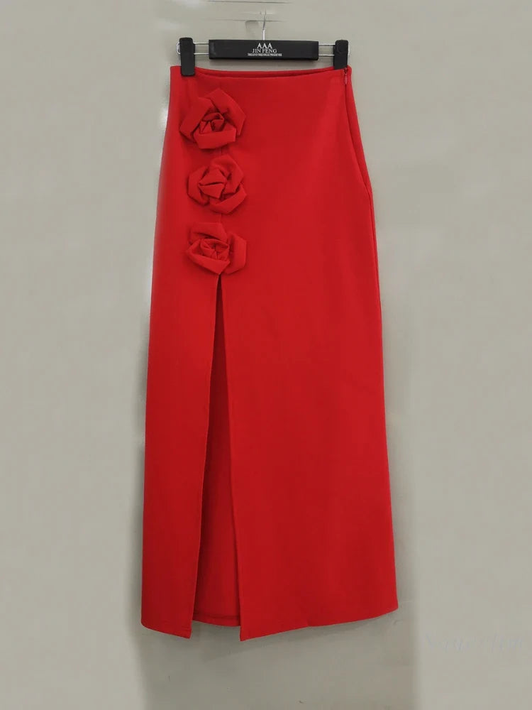 French Sexy Red High Waist Long Skirt for Women - Premium Split Design with 3D Rose Embroidery, Luxury Maxi Skirts (Faldas) - Perfect for Date Nights, Parties & Special Occasions