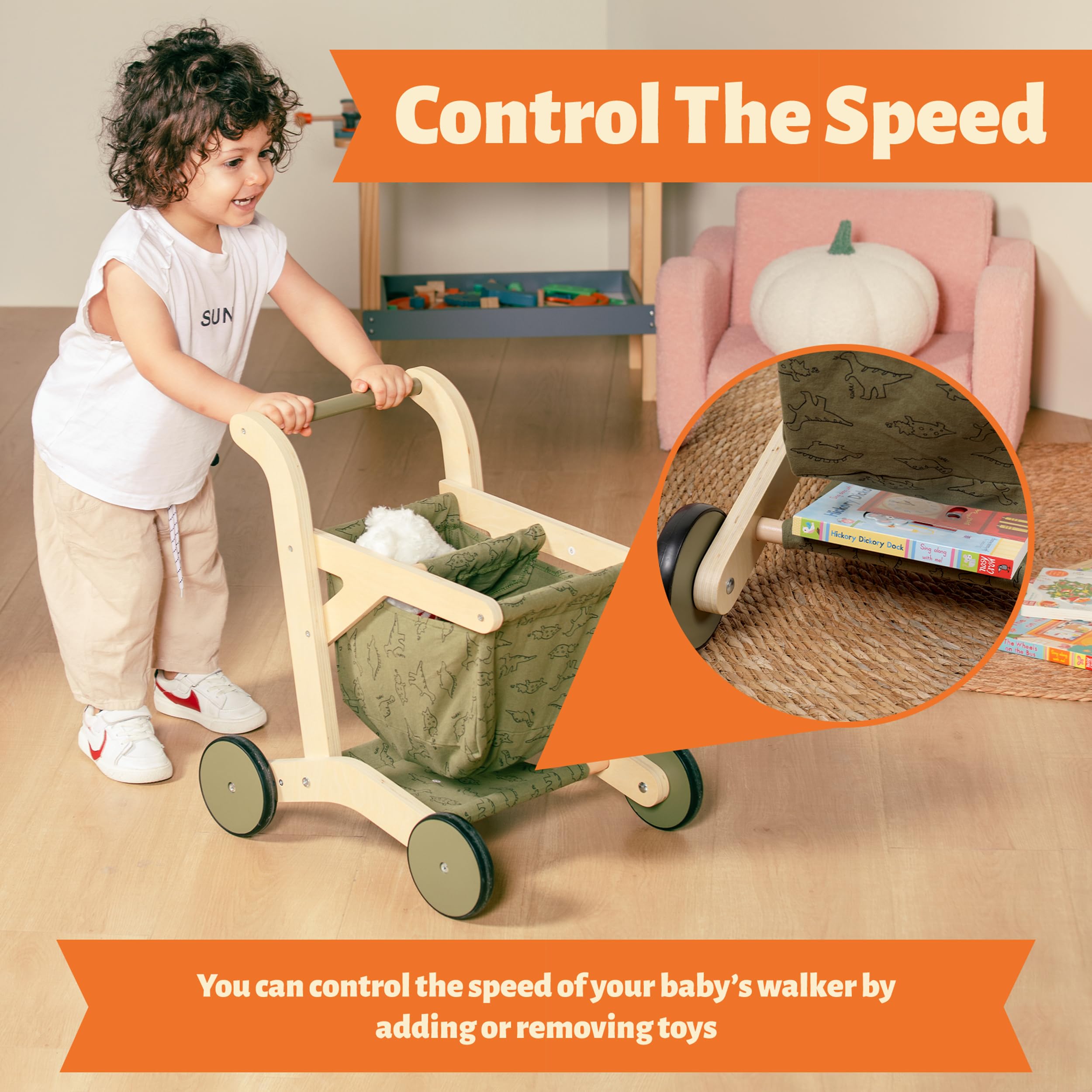 Kobkz Wooden Baby Walker & Push Toy for Toddlers - Natural Wood Learning Walker with Wheels, First Steps Assistant (Green) | Perfect for Early Walking Practice, Indoor Play & Montessori Learning