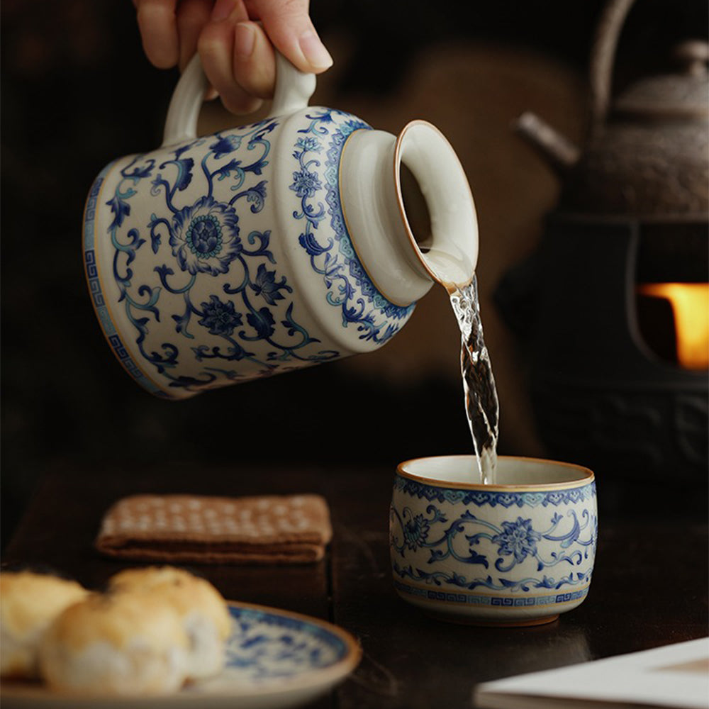 Handmade Blue and White Ruyao Ceramic Tea Cup Set with Twig Flower Design - Perfect for Chinese Tea Ceremonies, Home Decor, and Gift Giving