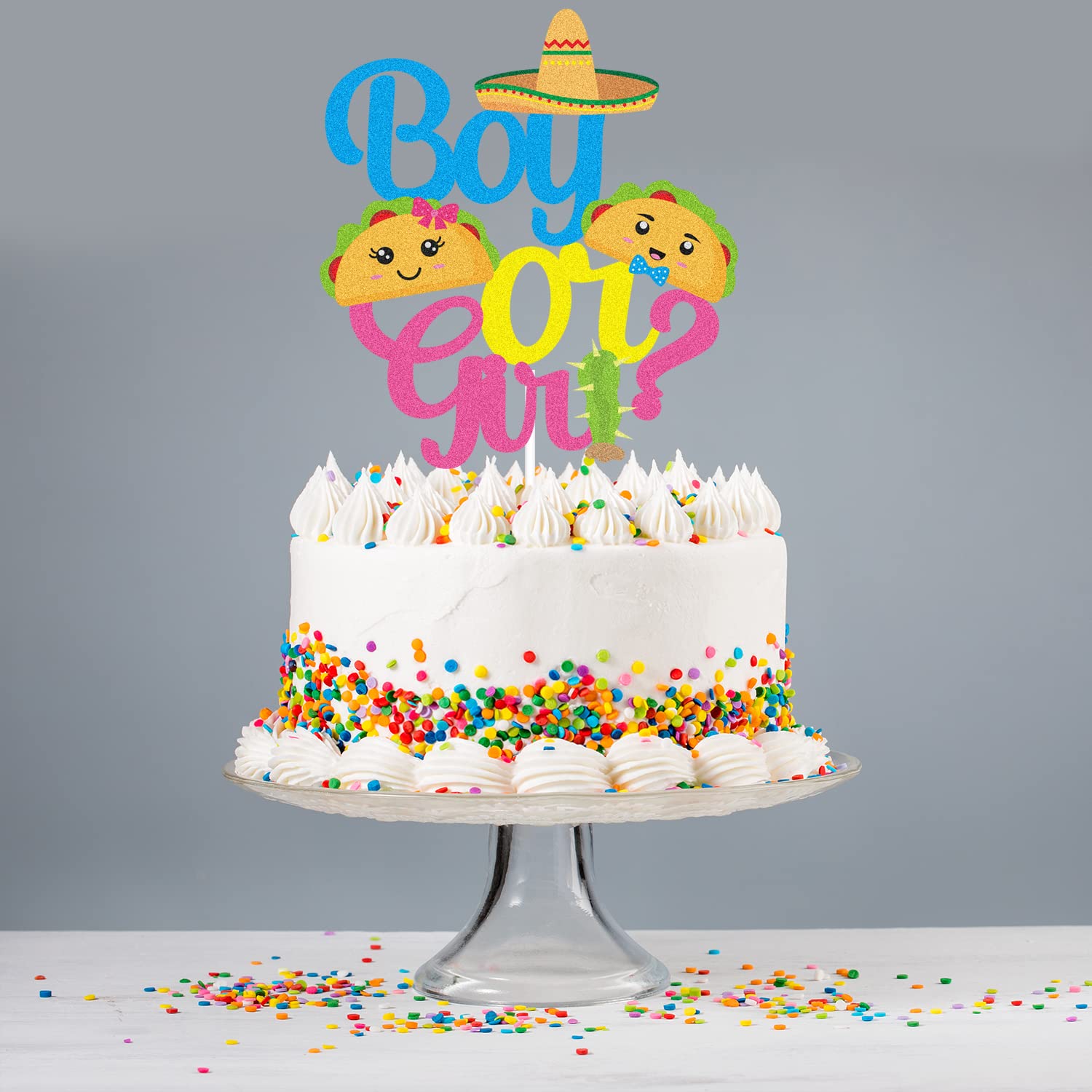 Fiesta Taco Gender Reveal Cake Topper - Glitter Cute Baby Boy or Girl Birthday Party Decoration - Pink & Blue Baby Shower Supplies for Gender Reveal Parties, Birthdays & Celebrations