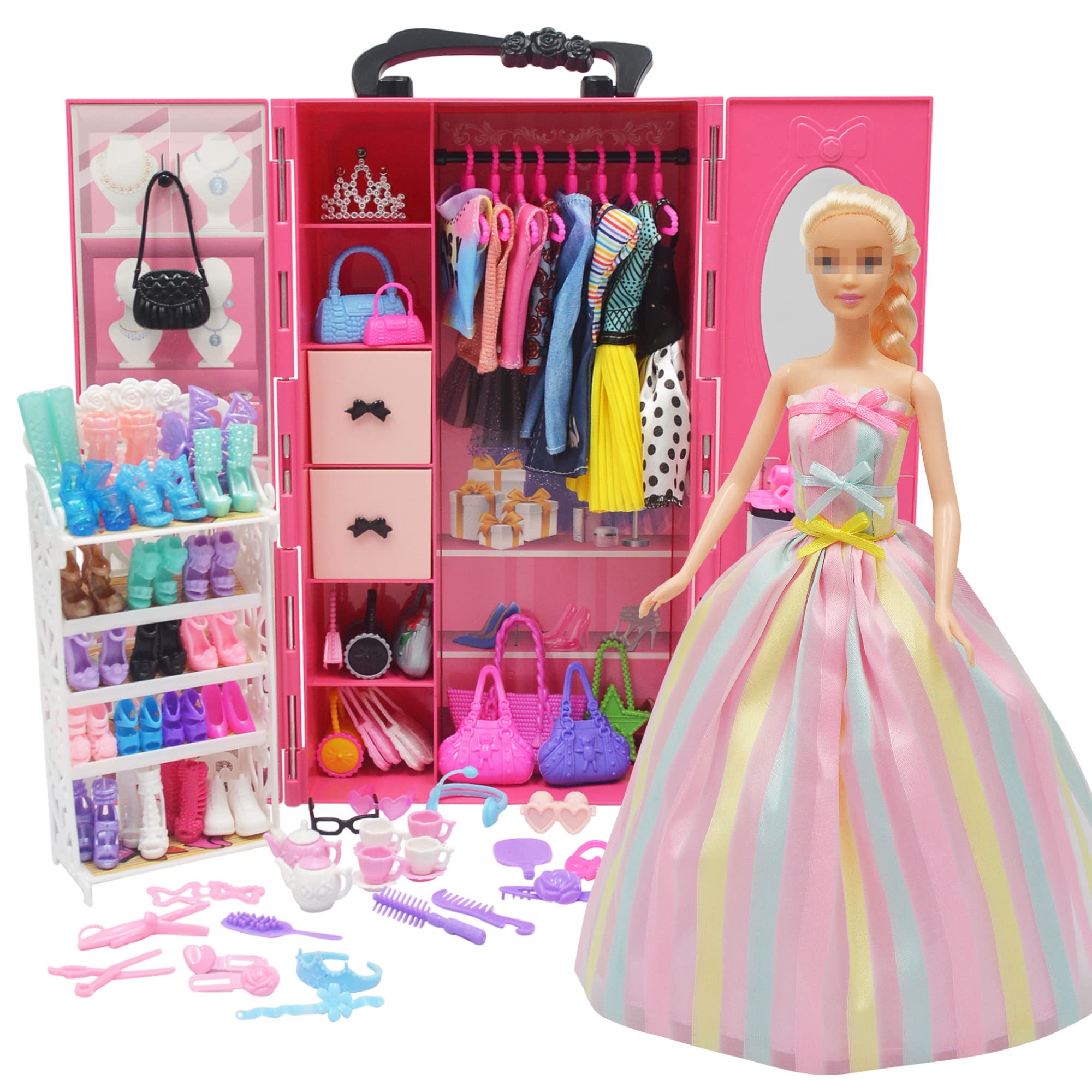 161 PCS 11.5 Inch Fashion Doll Wardrobe Set with Clothes, Shoes, Hangers & Accessories - Perfect for Pretend Play, Dress Up Games & Dollhouse Decor (Includes Dresses, Swimsuits, Crown, Necklace & More)