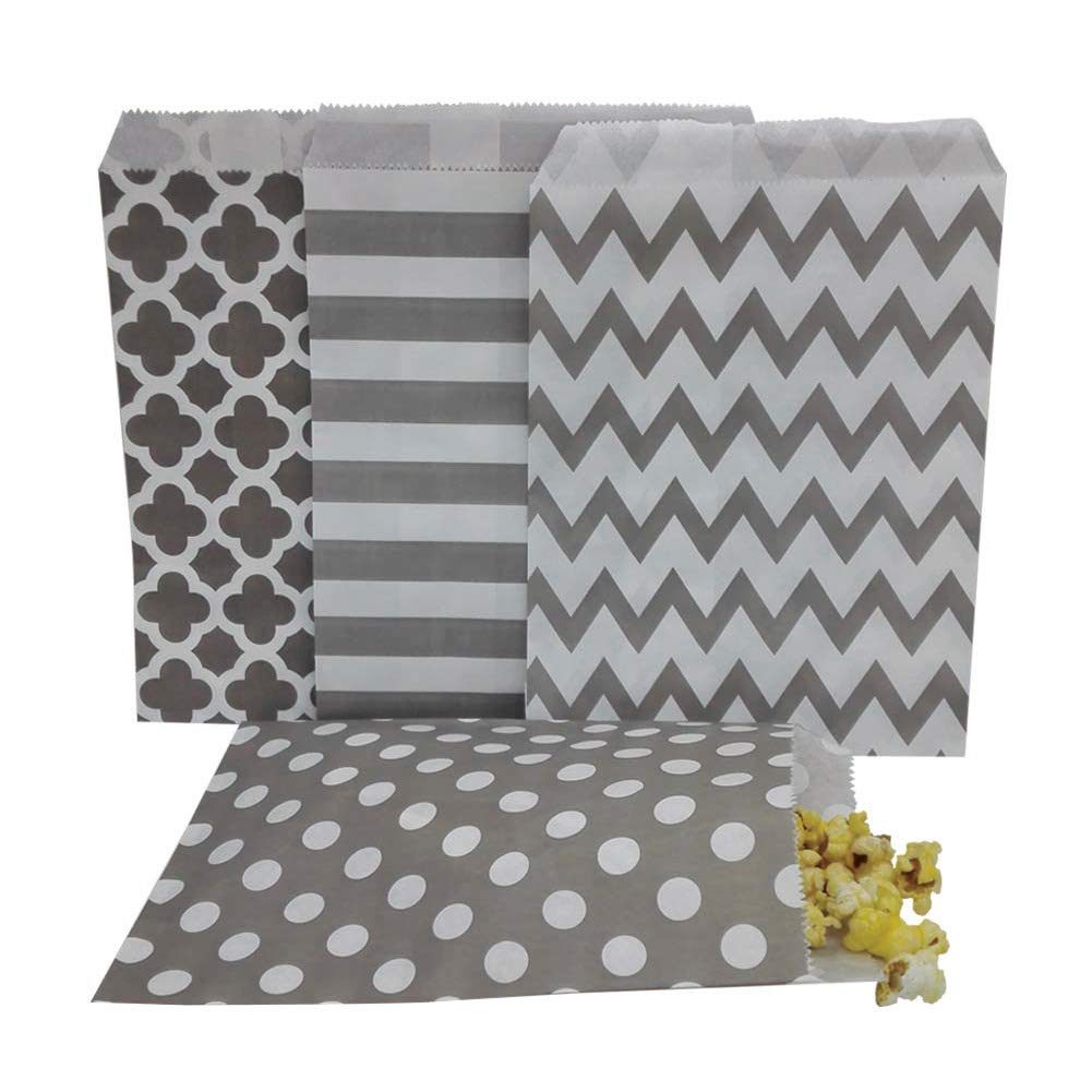 Eco-Friendly Biodegradable Paper Candy Cookie Bags | Food Safe Party Favor Bags | 100 Count, 4 Assorted Designs (Grey) | Perfect for Birthday Parties, Baby Showers & Wedding Favors