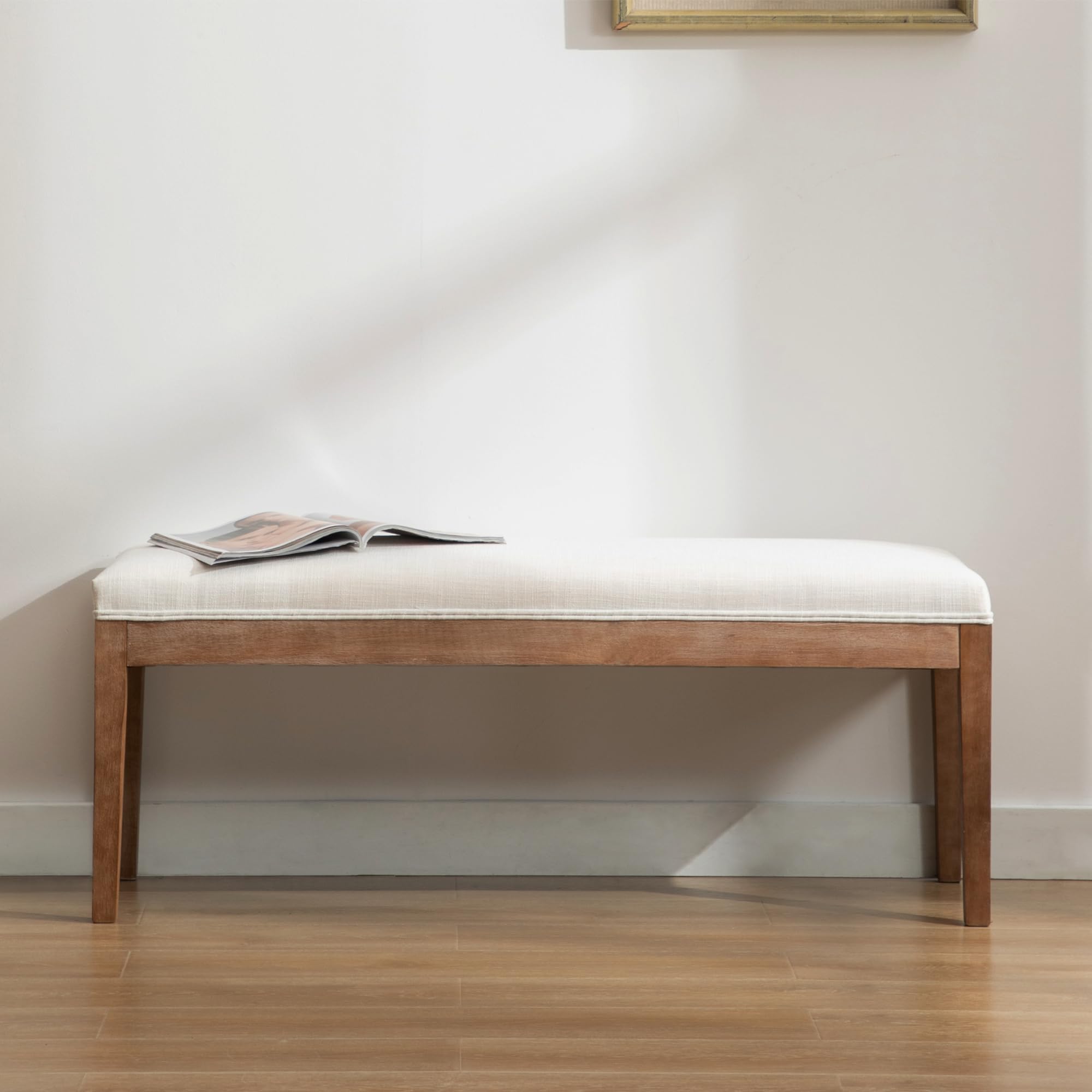 Farmhouse Entryway Bench with Wood Legs - Upholstered Shoe Storage Bench for Hallway, Porch, Bedroom, Dining Room - Linen Fabric, Beige - Perfect for Small Spaces, Mudroom Organization & Cozy Home Decor