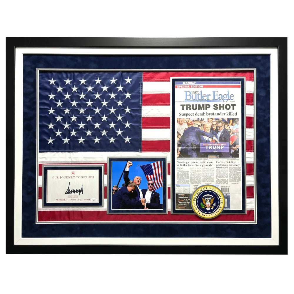 Authentic Donald Trump Autographed USA Flag Framed with Butler PA Newspaper - JSA Certified Assassination Attempt Memorabilia - Perfect for Political Collectors & Patriotic Home Decor