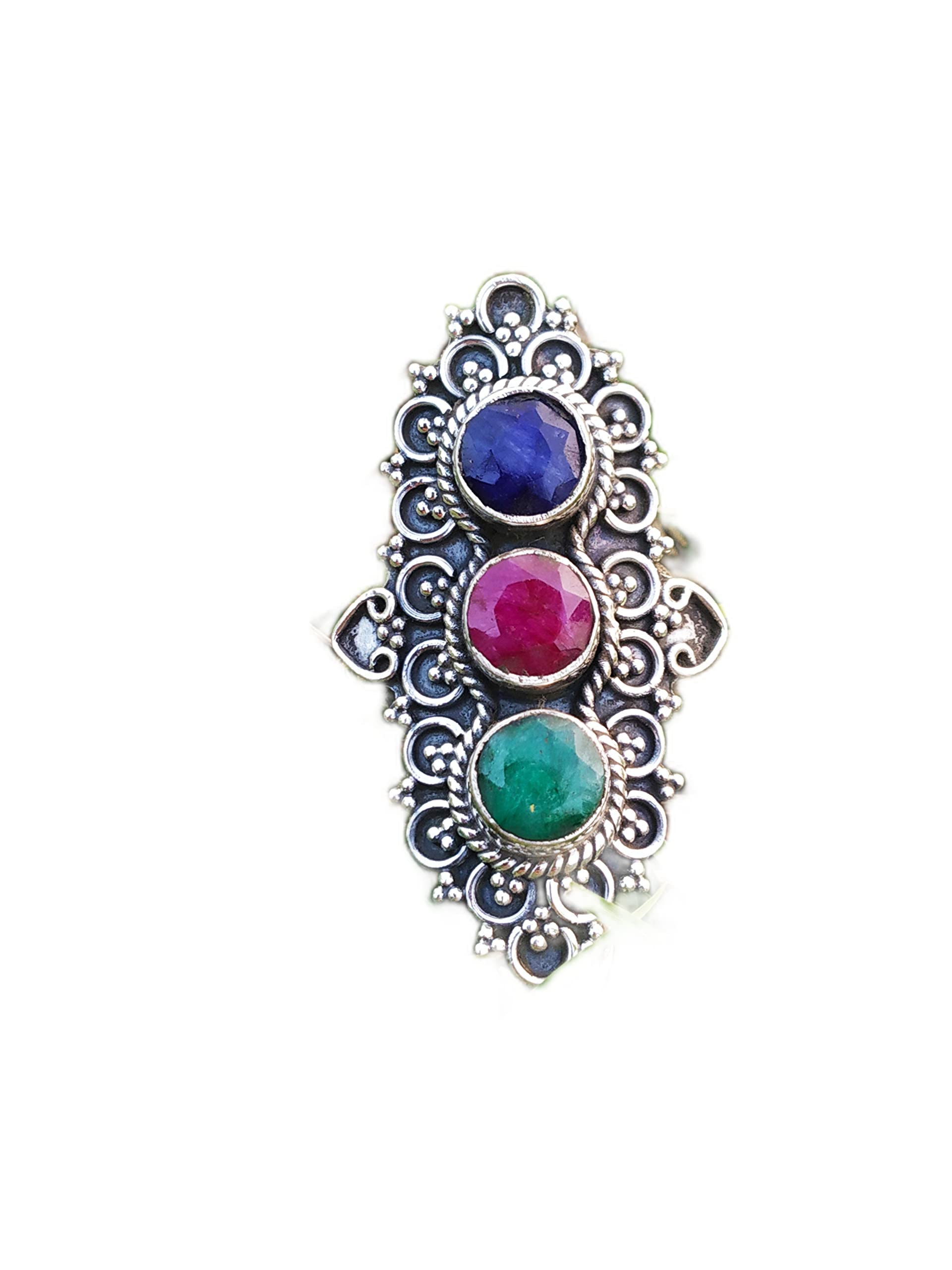 925 Sterling Silver Sapphire Ruby Emerald Vintage Ring – Antique Statement Ring with Multi Birthstones, Boho Prong Setting for Engagement, Wedding & Special Occasions