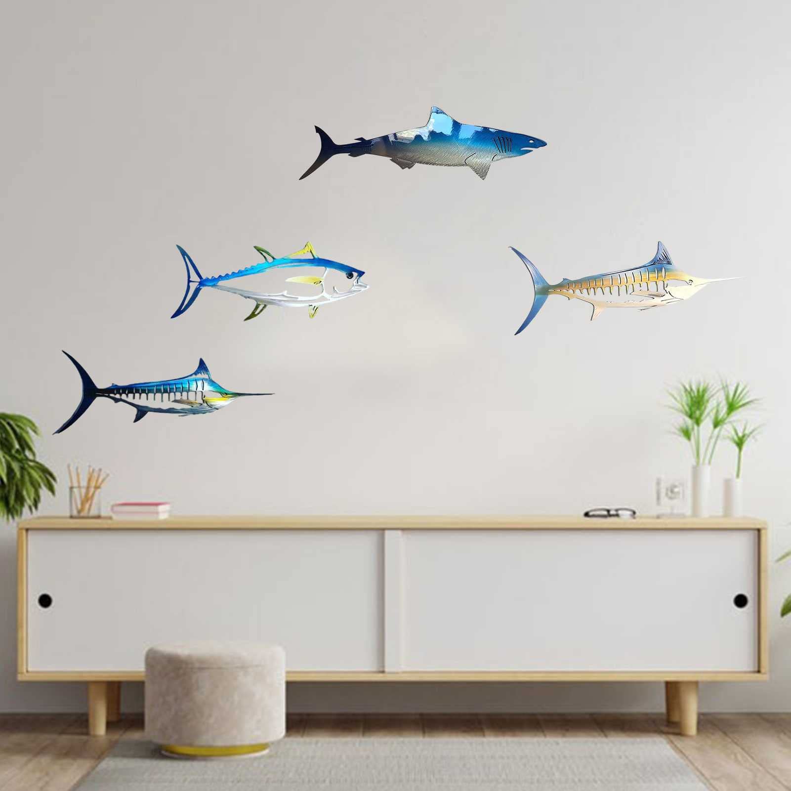 4-Piece Metal Fish Wall Art Decor - Rustproof Iron Sculpture for Bathroom, Bedroom, Outdoor - Blue Ocean Theme Hanging Decoration (19.74x9.84 Inch) - Perfect for Garden, Patio, Porch or Fence Decorating