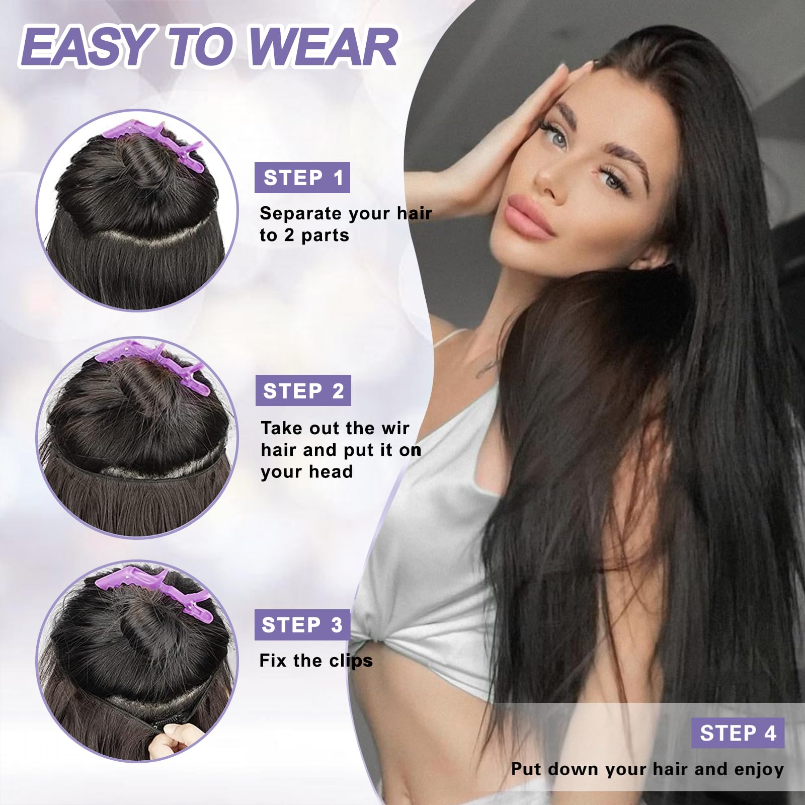 Real Human Hair Extensions with Invisible Wire – Adjustable Size, Transparent Wire & Secure Clips – 20Inch Straight Hairpiece for Women (90g, Natural Black) – Perfect for Weddings, Parties & Daily Styling