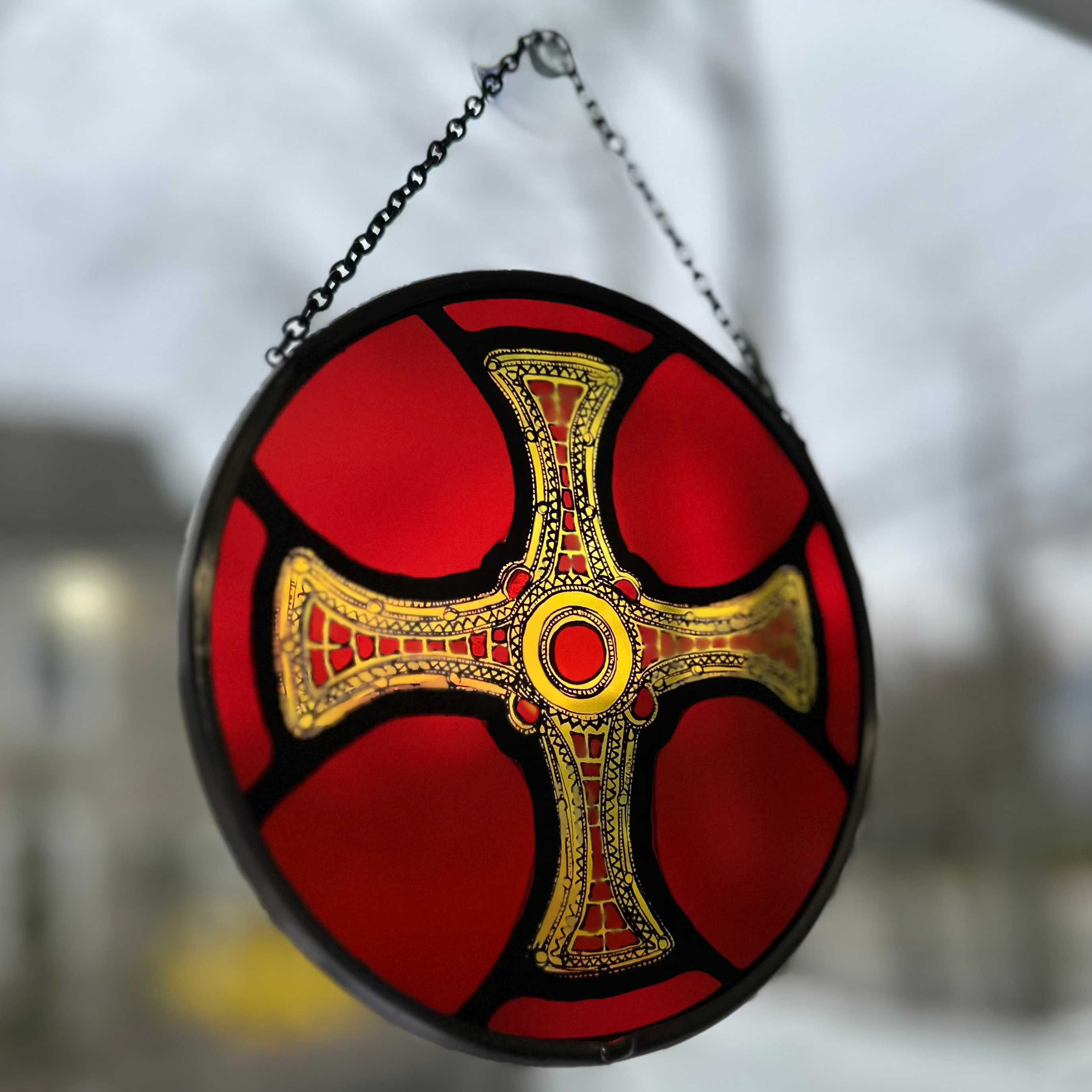 Saint Cuthbert's Cross Suncatcher - Handmade Stained Glass Window Hanging Decor for Home, Church & Garden - Perfect for Gifts & Spiritual Spaces