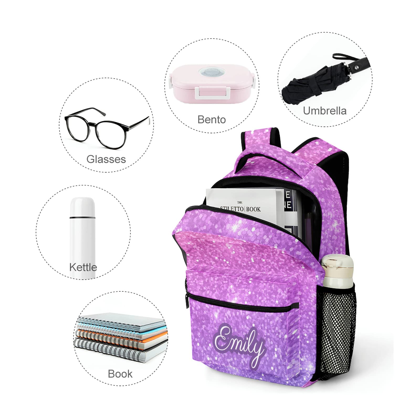 Custom Personalized Kids Backpack 16.5 Inch - Pink Violet Glitter Waterproof School Travel Bag for Boys & Girls (16.5