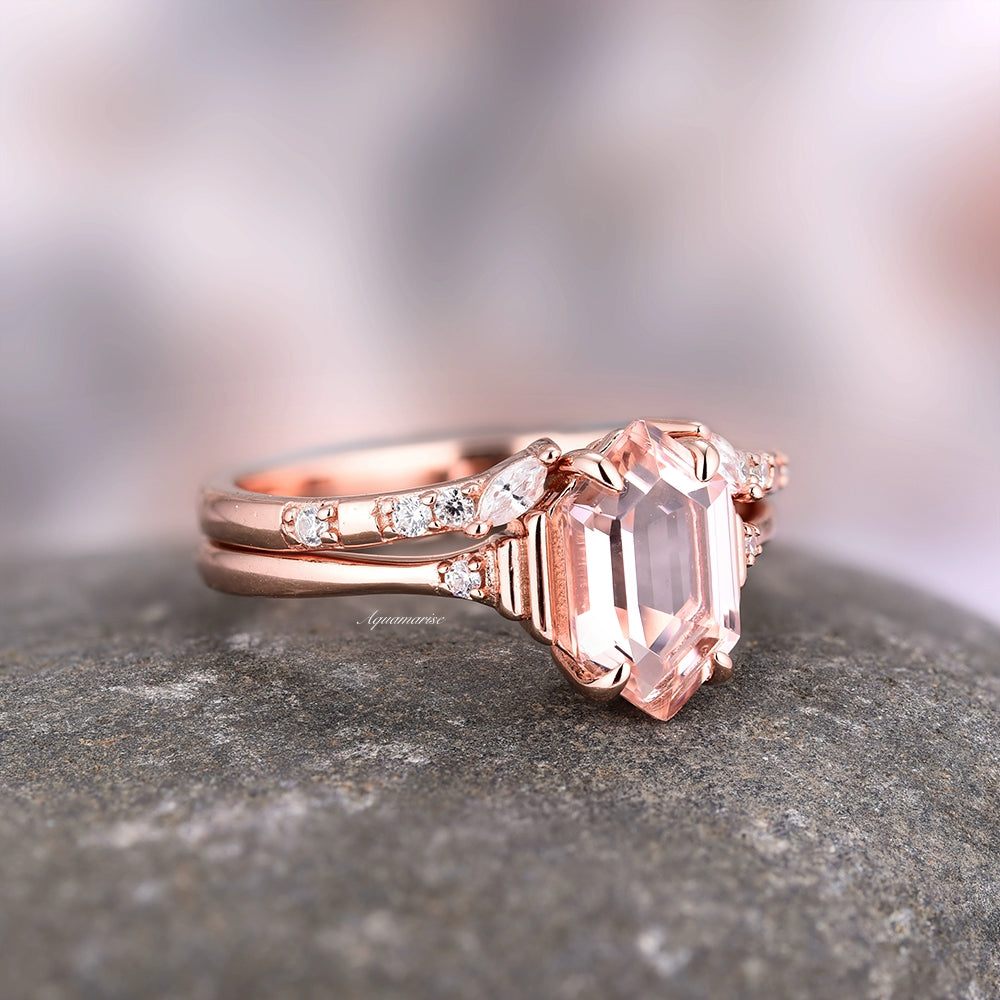 Hexagon Morganite Ring Set - 14K Rose Gold Vermeil Engagement & Wedding Jewelry for Women, Perfect for Bridal, Anniversary & Valentine's Day Gifts