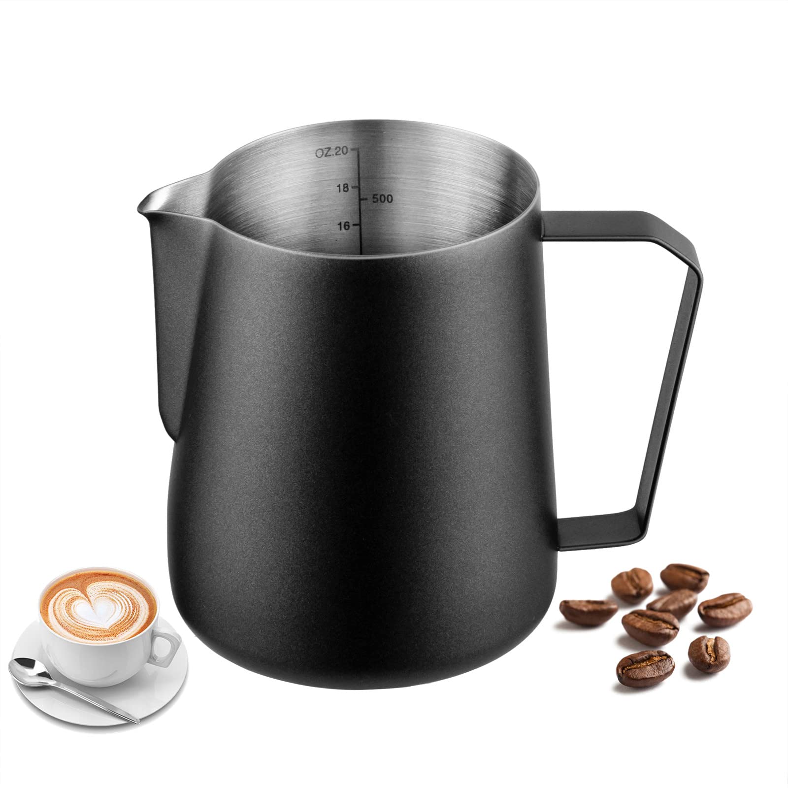 Premium Stainless Steel Milk Frothing Pitcher 20oz (600ml) - Barista-Grade Milk Frother Cup for Espresso Machines, Latte Art & Coffee Shops - Professional Black Milk Steamer Jug for Home & Commercial Use