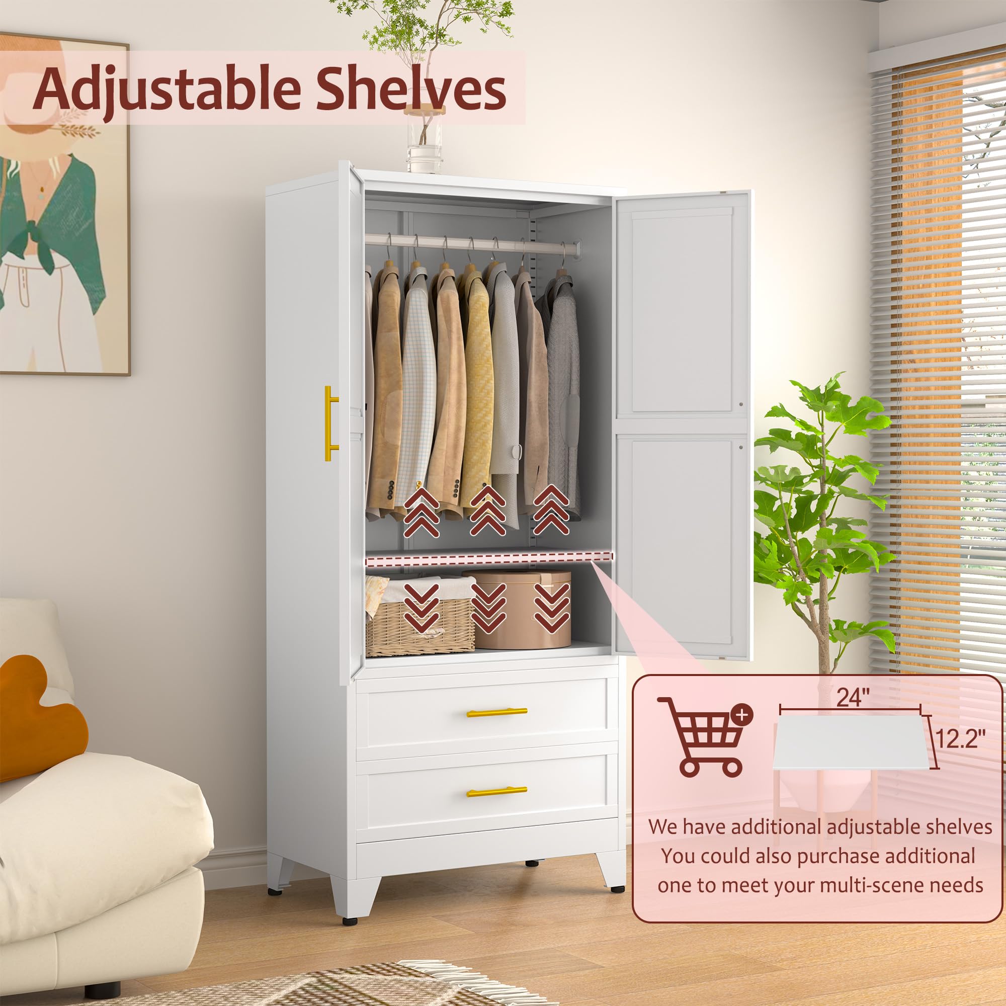 White Metal Armoire Wardrobe Closet with 2 Drawers, Hanging Rod & Adjustable Shelves - 71