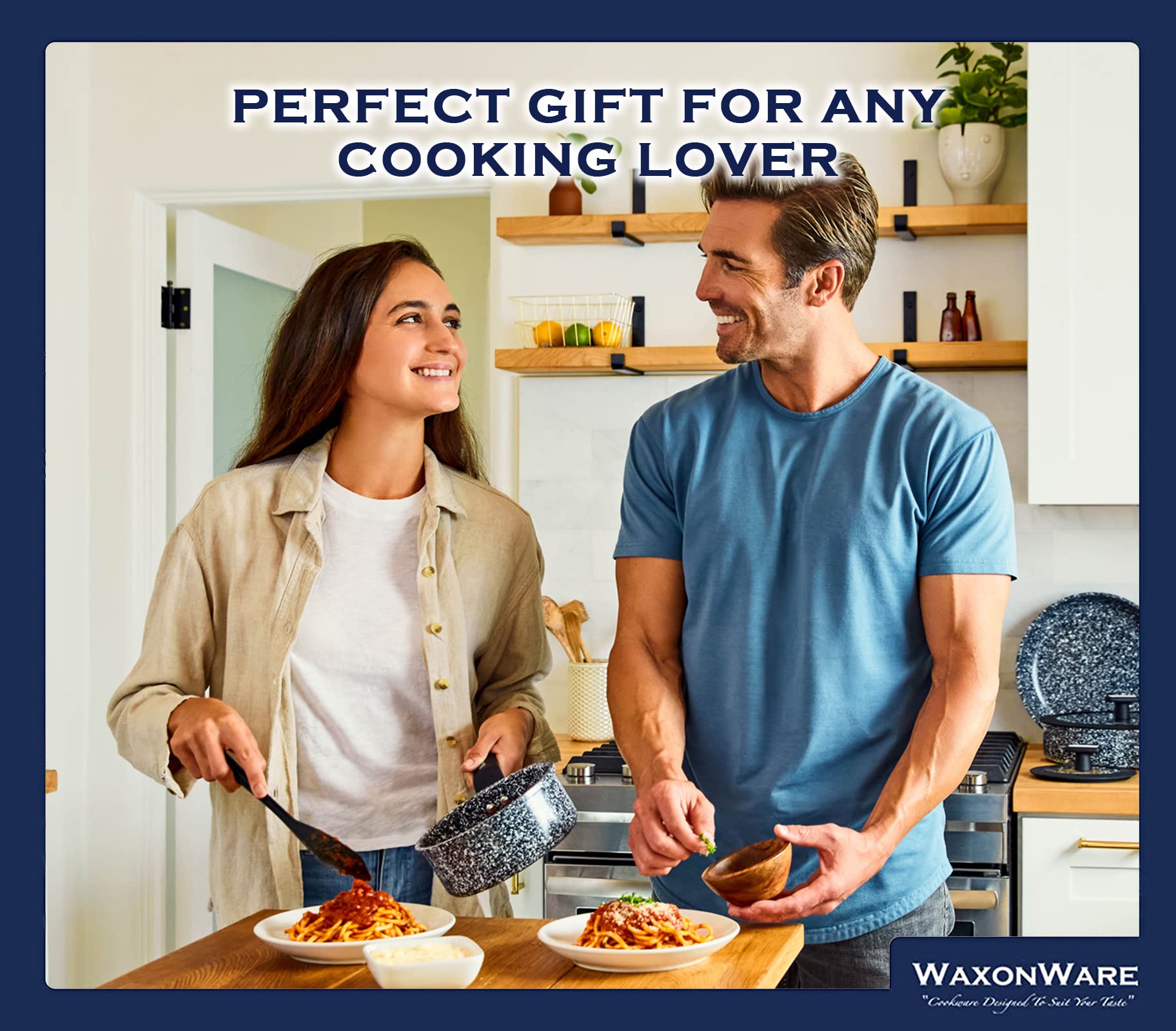 Waxonware 7-Piece Nonstick Cookware Set - Granite Pots and Pans Set, PFOA & PTFE Free, Dishwasher Safe - Stonetec Series for Everyday Cooking, Baking & Frying