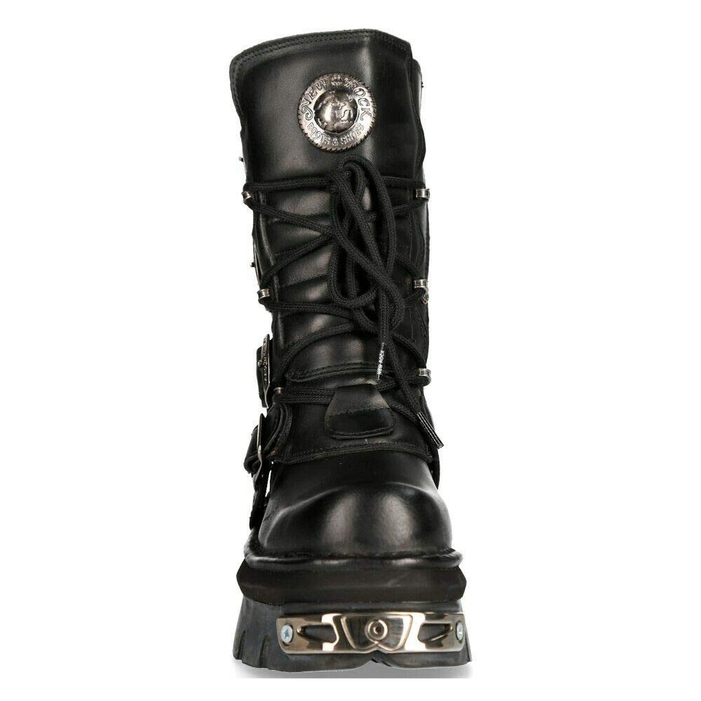 New Rock Unisex M.373-S4 Metallic Black 100% Leather Goth Biker Emo Fashion Reactor Boots - Perfect for Alternative Fashion, Motorcycle Riding & Nightlife