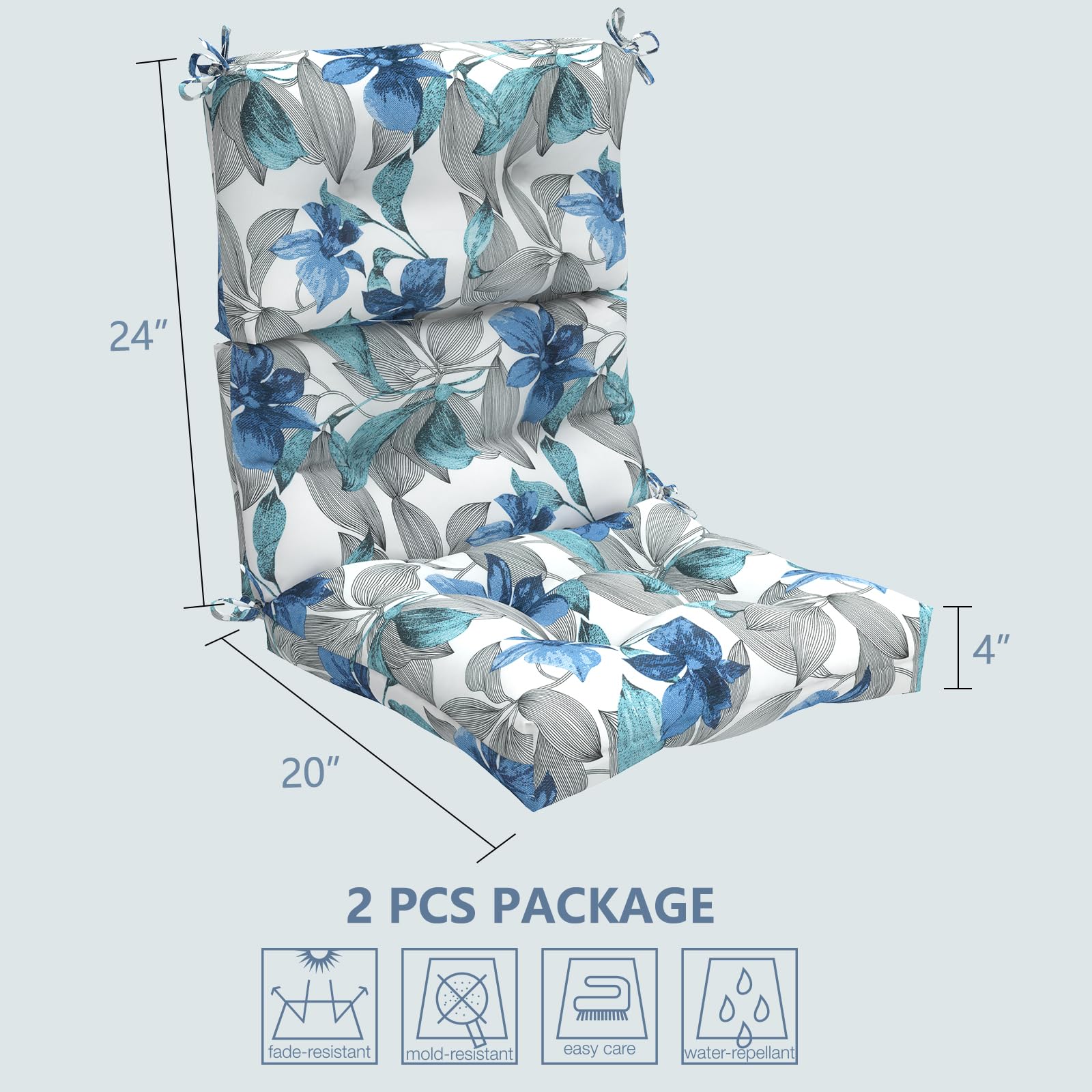 LVTXIII Outdoor Tufted High Back Cushions Set of 2 - Patio Rocking Chair Replacement Cushions with Ties, Solid Seat & Back Support (44”L x 22”W, Clemens Noir Blue) - Perfect for Porch, Garden & Outdoor Relaxation