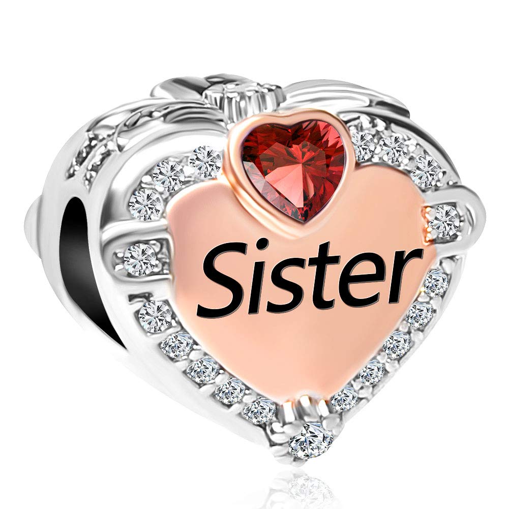 Sister Love Heart Rose Gold Charm Synthetic Birthstone Bead for Bracelet - Perfect for DIY Jewelry Making, Birthday Gifts & Friendship Bracelets