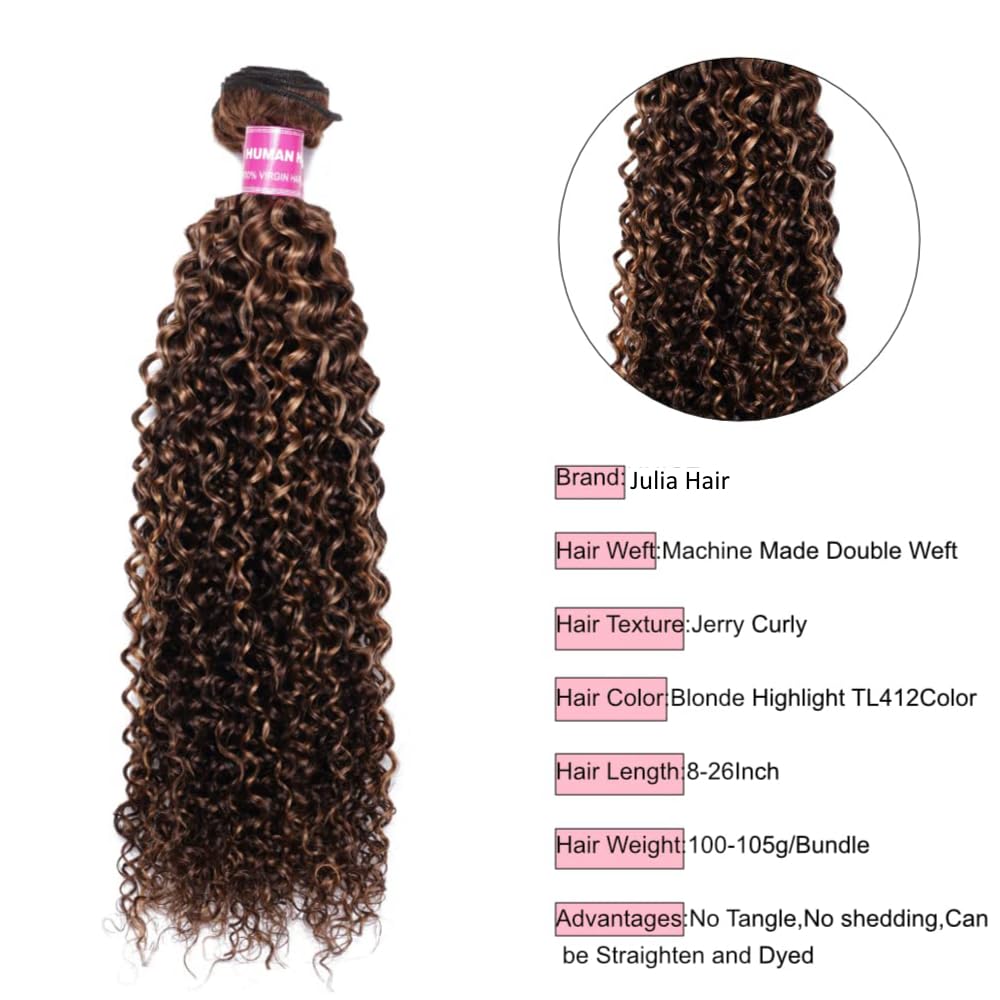 Julia Hair Highlight Honey Blonde 12A Brazilian Curly Human Hair Weave Extensions - 3 Bundles (14/16/18 Inch) for Sew-in, Jerry Curly Style - Perfect for Daily Wear, Parties & Special Occasions