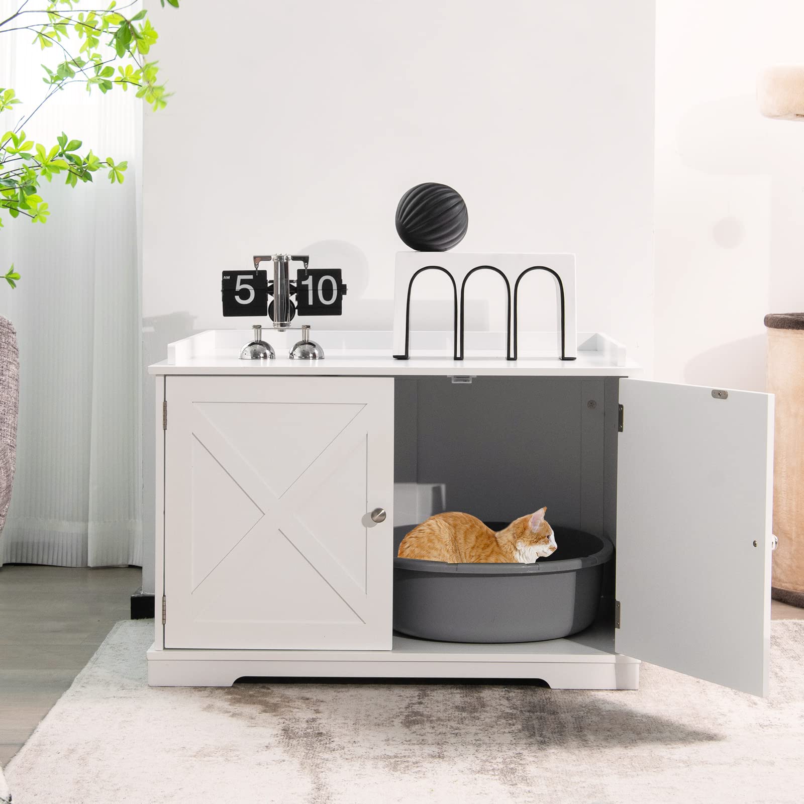 Tangkula Wooden Cat Litter Box Enclosure Furniture - Hidden Cat Washroom with Removable Divider & Reversible Entrance - Multi-Functional Cat House Side Table with Magazine Rack - Perfect for Living Room, Bedroom or Office (White)