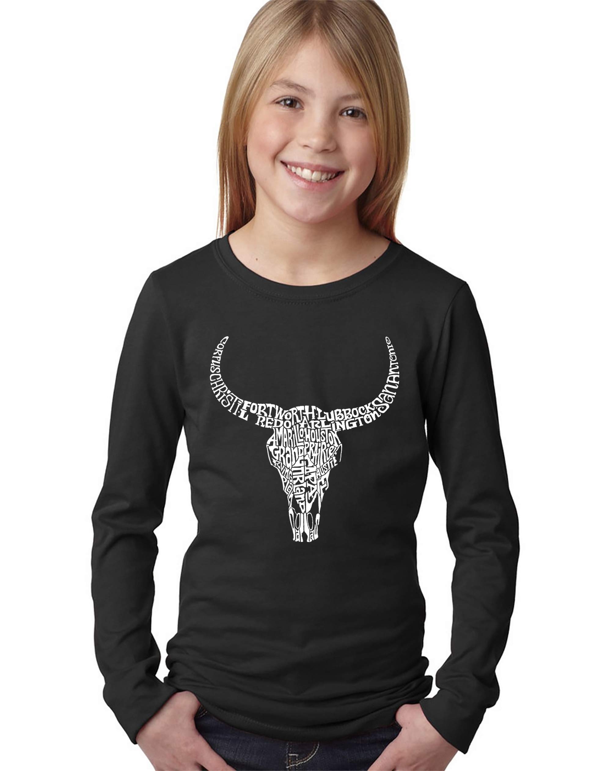 LA POP ART Texas Skull Print Long Sleeve T-Shirt for Girls | Trendy Graphic Tee for Casual Wear, School & Street Style
