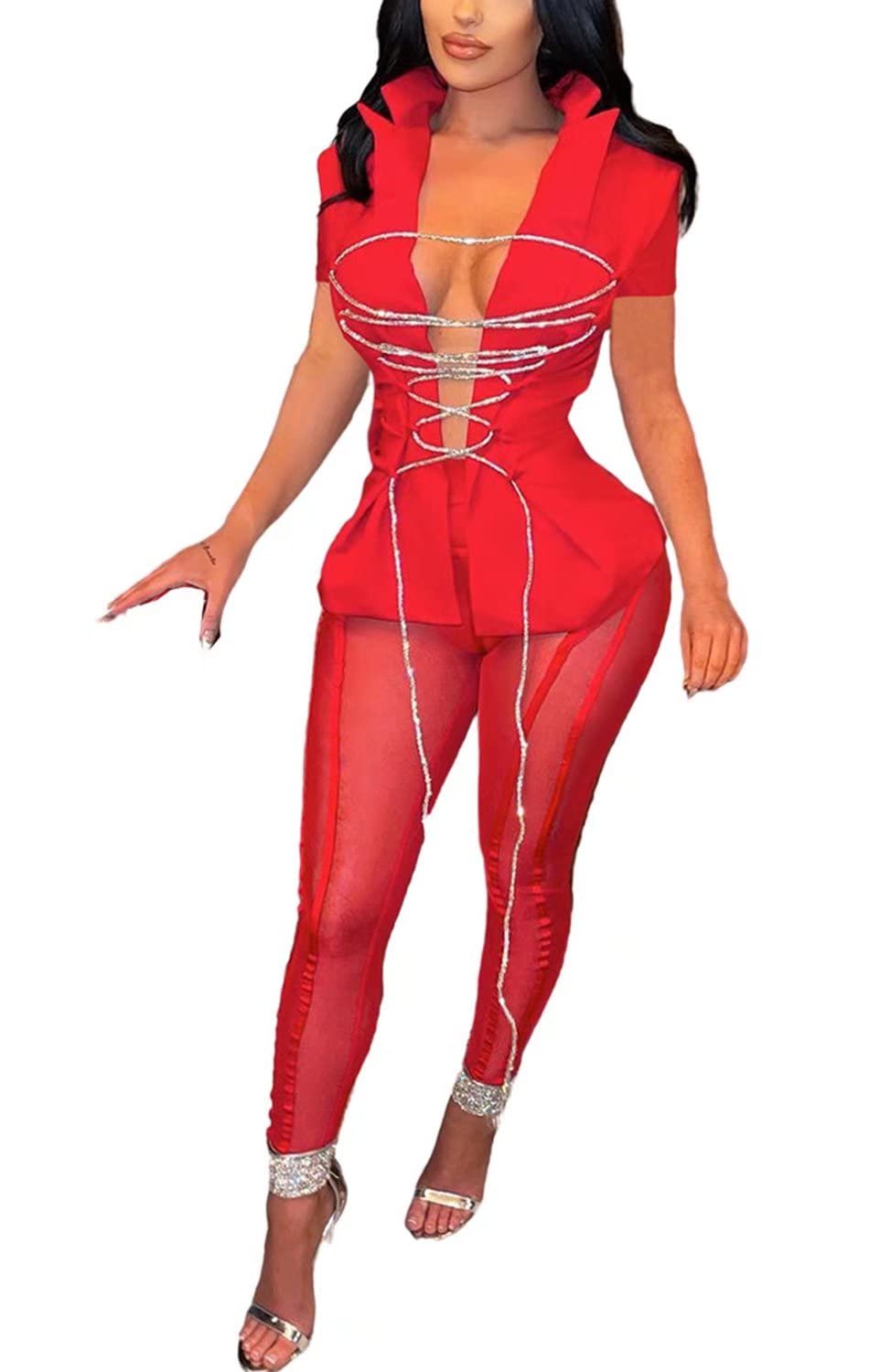 Sexy Women's 2-Piece Sheer Mesh Outfit - See-Through Pencil Pants & Cropped Tank Top Jumpsuit Set | Perfect for Night Out, Date Night & Summer Fashion